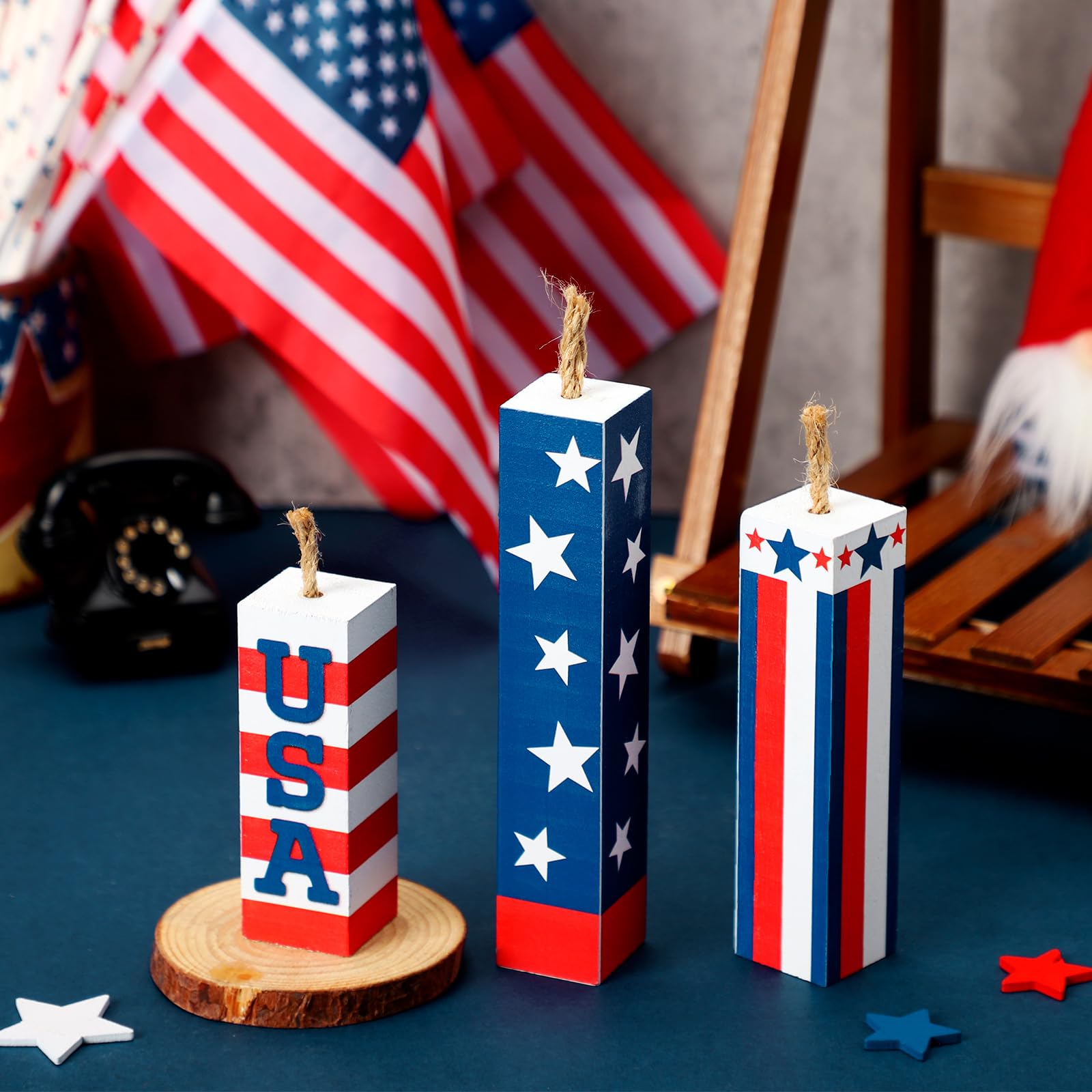 Amyhill 3 Pcs 4th of July Decorations Set Wooden Patriotic Table Centerpieces Independence Day Wood Firework Fourth of July Table Signs for 250th Anniversary Home Farmhouse Decor (Flag)