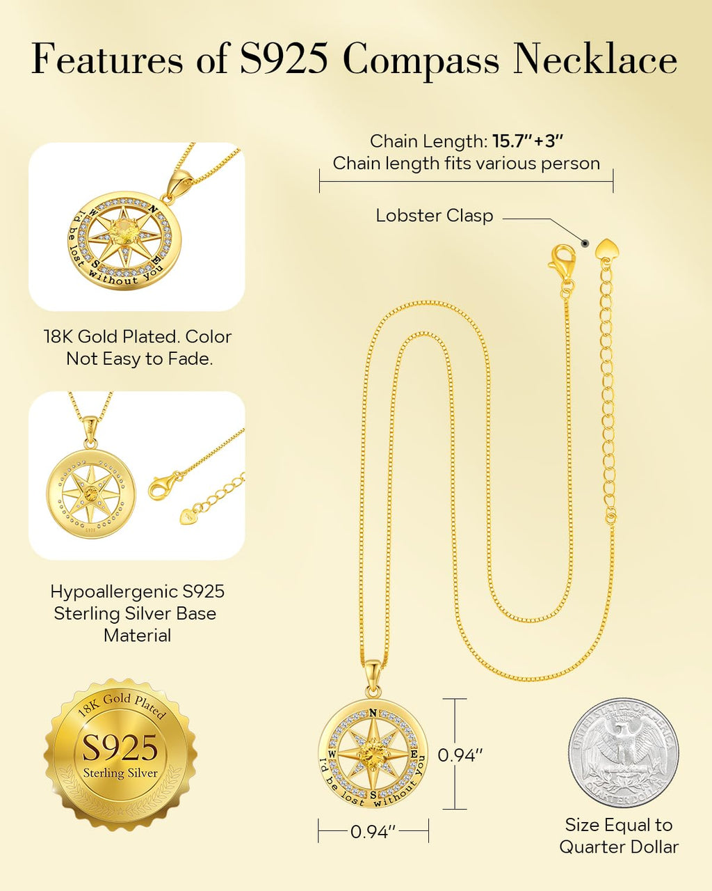 S925 Necklace Gift for Wife |Compass Jewelry |Women Anniversary |Sterling Silver |Girlfriend Birthday Gifts for Her Valentines |I'd be Lost without You |Jewel 18K Gold