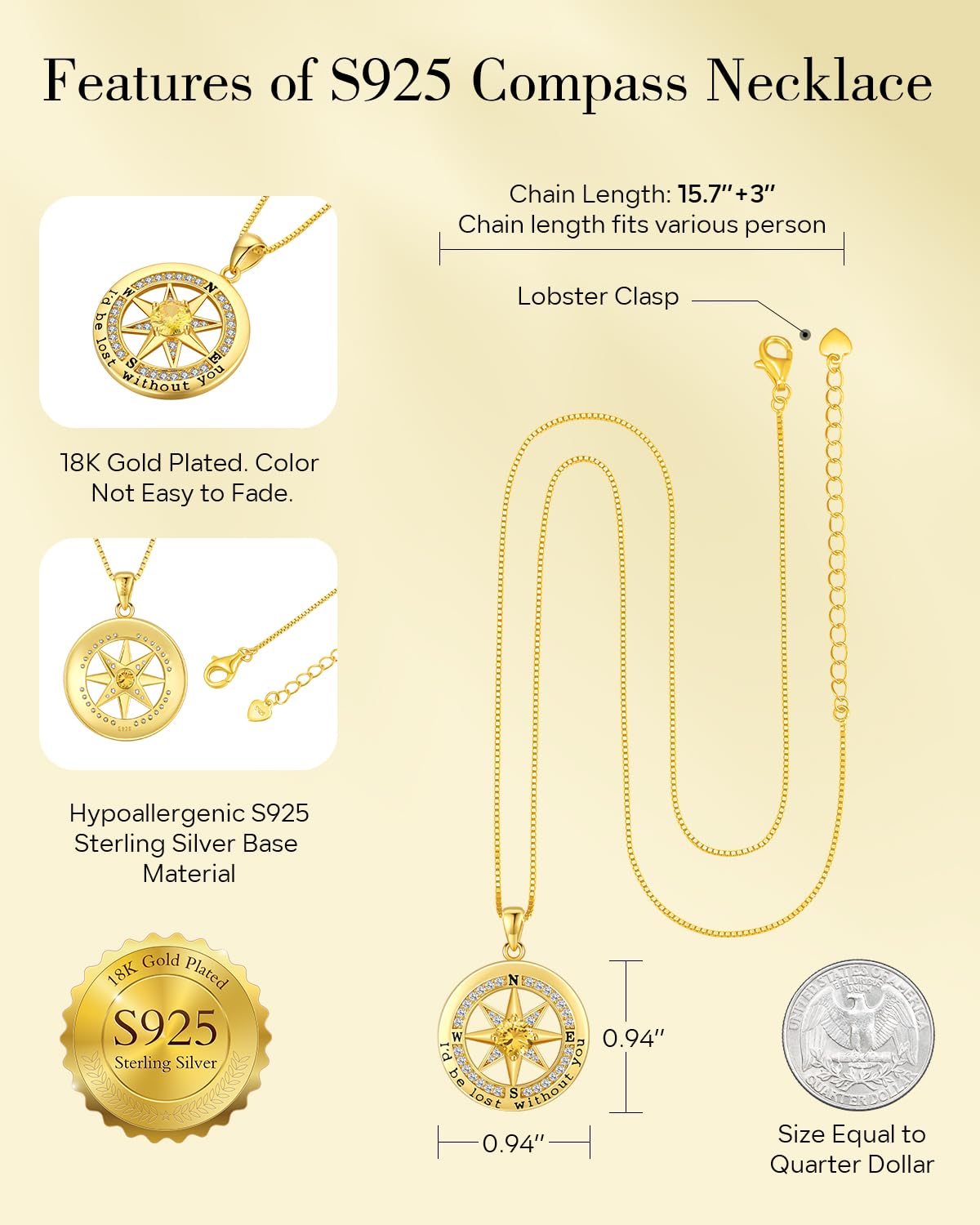 S925 Necklace Gift for Wife |Compass Jewelry |Women Anniversary |Sterling Silver |Girlfriend Birthday Gifts for Her Valentines |I'd be Lost without You |Jewel 18K Gold