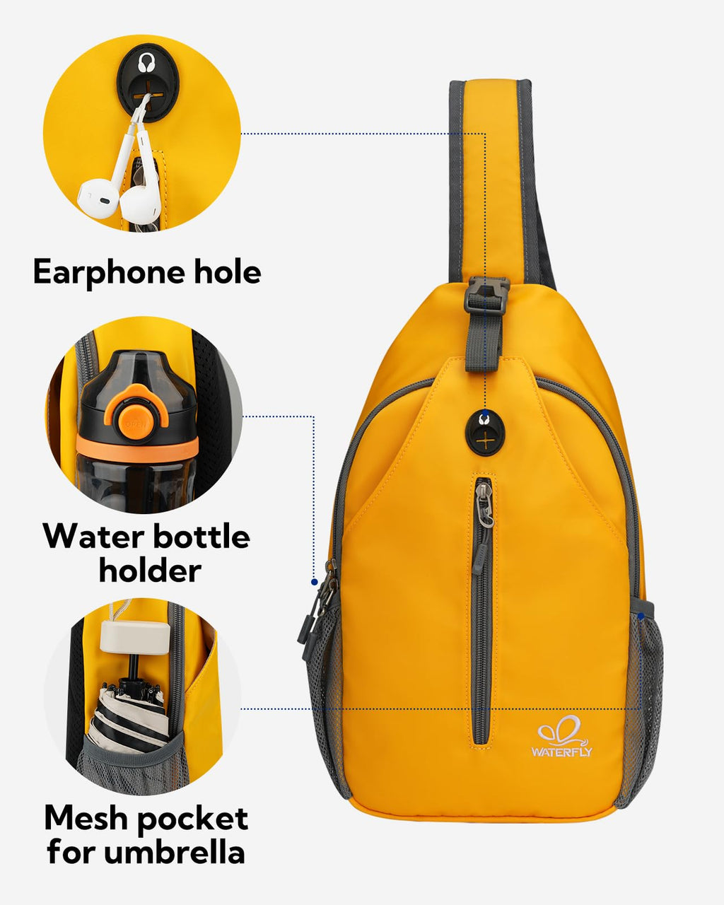 WATERFLY Crossbody Sling Backpack Sling Bag Travel Hiking Chest Bag Daypack (Black)