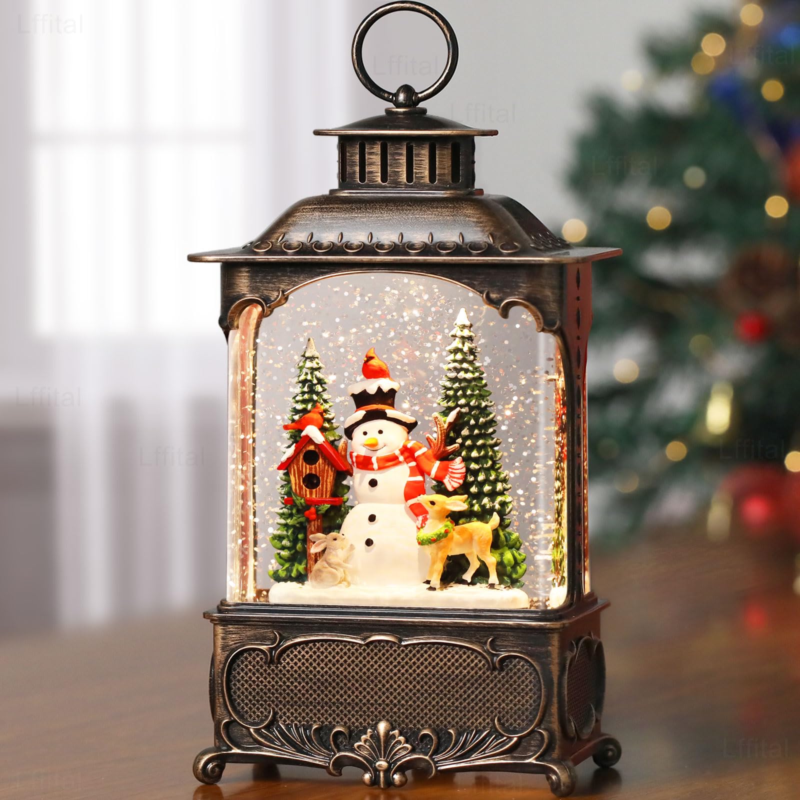Snowman Christmas Snow Globe Lantern, Lighted Christmas Decorations for Home Candle Shaped Snow Lantern with Music Timer Glittering, Home Decor Festival Gife, USB & Battery Operated