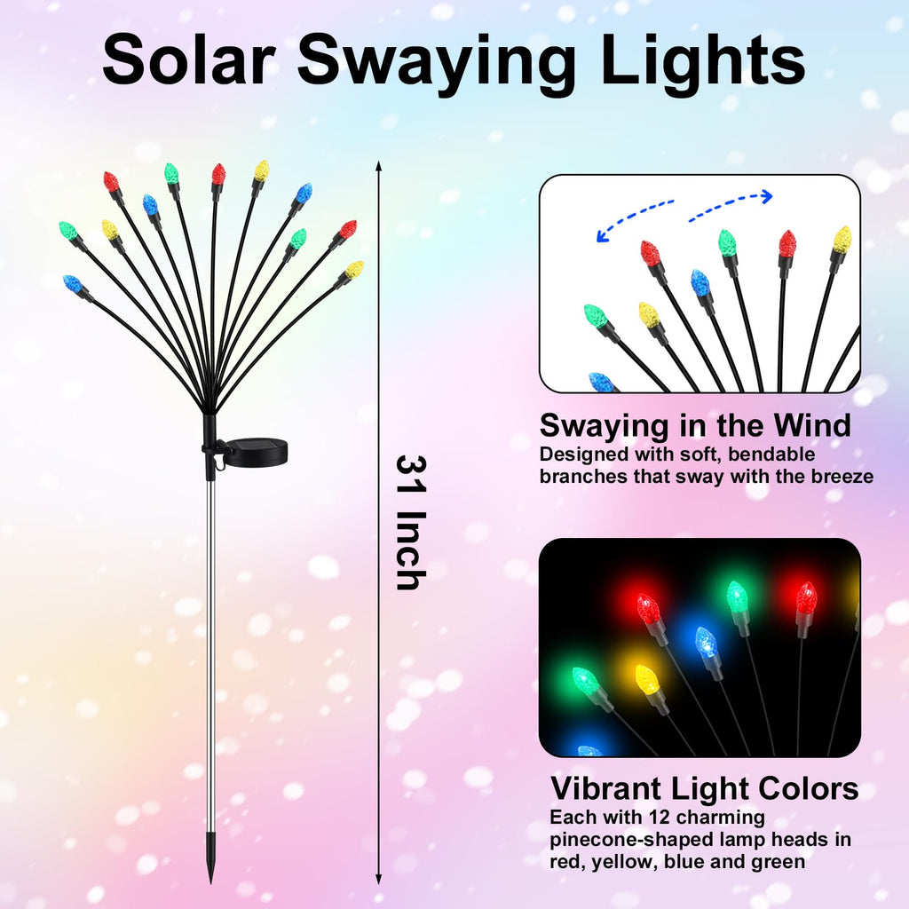 Rossesay 4 Pcs St Patricks Day Outdoor Decorations Solar Lights Waterproof Green 48 LED Swaying Pathway Firefly Stake Lights for Outside Yard Garden Lawn Decorations(Green White,Pine Cone)