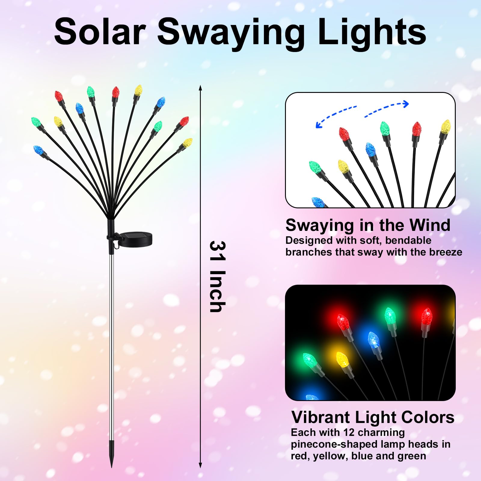 Rossesay 4 Pcs St Patricks Day Outdoor Decorations Solar Lights Waterproof Green 48 LED Swaying Pathway Firefly Stake Lights for Outside Yard Garden Lawn Decorations(Green White,Pine Cone)