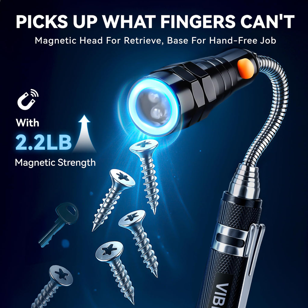 VIBELITE Extendable Magnetic Flashlight with Telescoping Magnet Pickup Tool-Fathers Day Dad Gifts for Husband, Dad, Men, Women, Him, Mechanic, Birthday Gifts for Men, Cool Gadget, Black