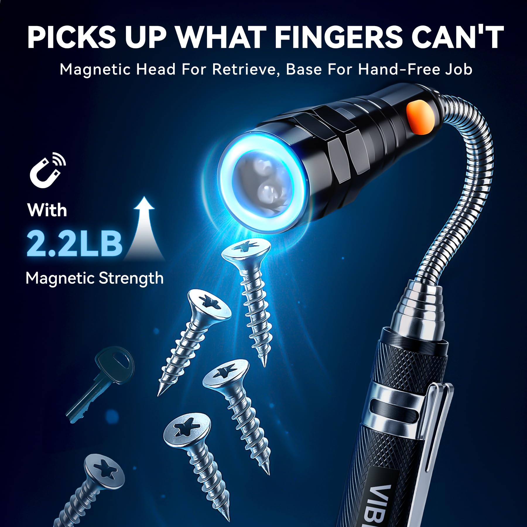 VIBELITE Extendable Magnetic Flashlight with Telescoping Magnet Pickup Tool-Fathers Day Dad Gifts for Husband, Dad, Men, Women, Him, Mechanic, Birthday Gifts for Men, Cool Gadget, Black