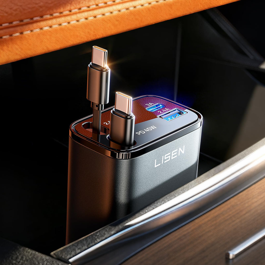 LISEN Retractable Car Charger, 84W Car Charger USB C Fast Charger Adapter for iPhone, Car Accessories for Men Women, Gifts for Fathers Day for Men Dad Husband, for iPhone 17 16 15 14 13 12 11 Samsung