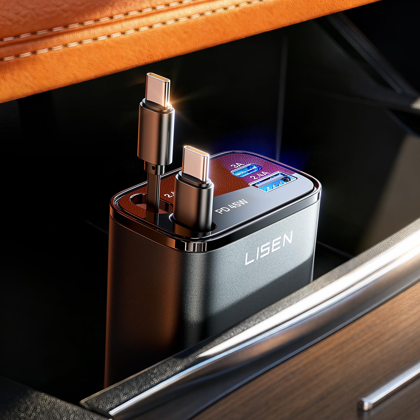 LISEN Retractable Car Charger, 84W Car Charger USB C Fast Charger Adapter for iPhone, Car Accessories for Men Women, Gifts for Fathers Day for Men Dad Husband, for iPhone 17 16 15 14 13 12 11 Samsung