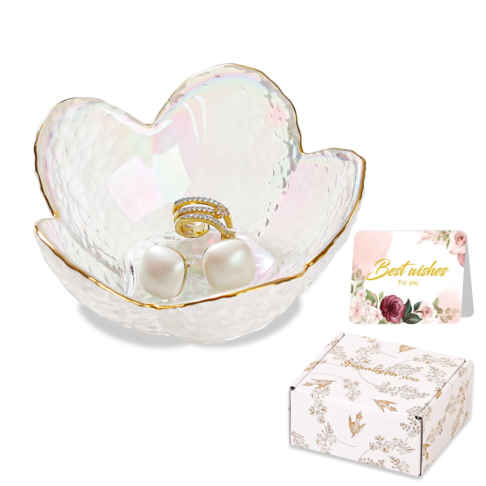 Purple Flower Jewelry Dish Glass Ring Holder Dish Jewelry Tray Cute Vanity Organizer Aesthetic Nightstand Bathroom Room Decor Trinket Dish Mothers Day Friendship Christmas Birthday Gifts for Women