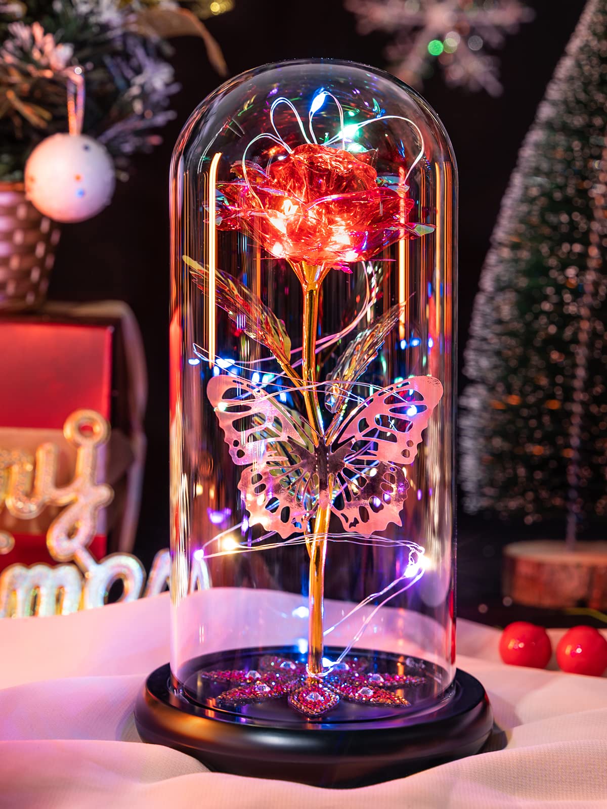 Pusuny Mothers Day Flowers Gifts for Mom Women Birthday Gift Galaxy Glass Rose Forever Eternal Crystal Flowers Rose in Glass Dome with Butterfly Mother's Day Roses Gifts for Mom Daughter Wife Purple
