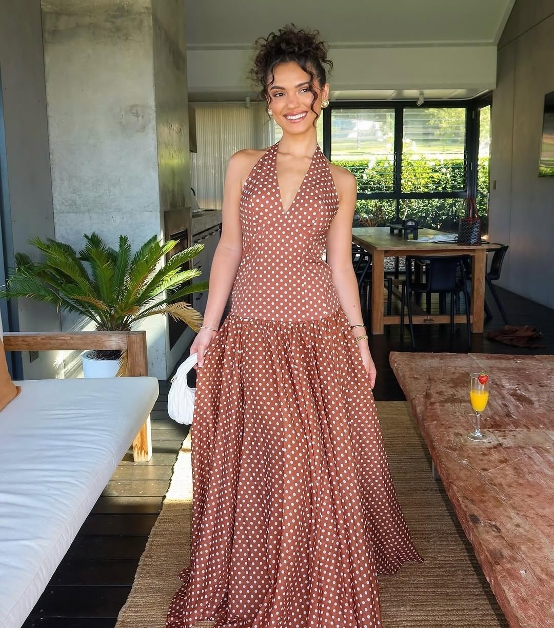 Women's Polka Dot Maxi Dress Halter Neck Sleeveless Drop Waist Flowy Summer Wedding Beach Sundress