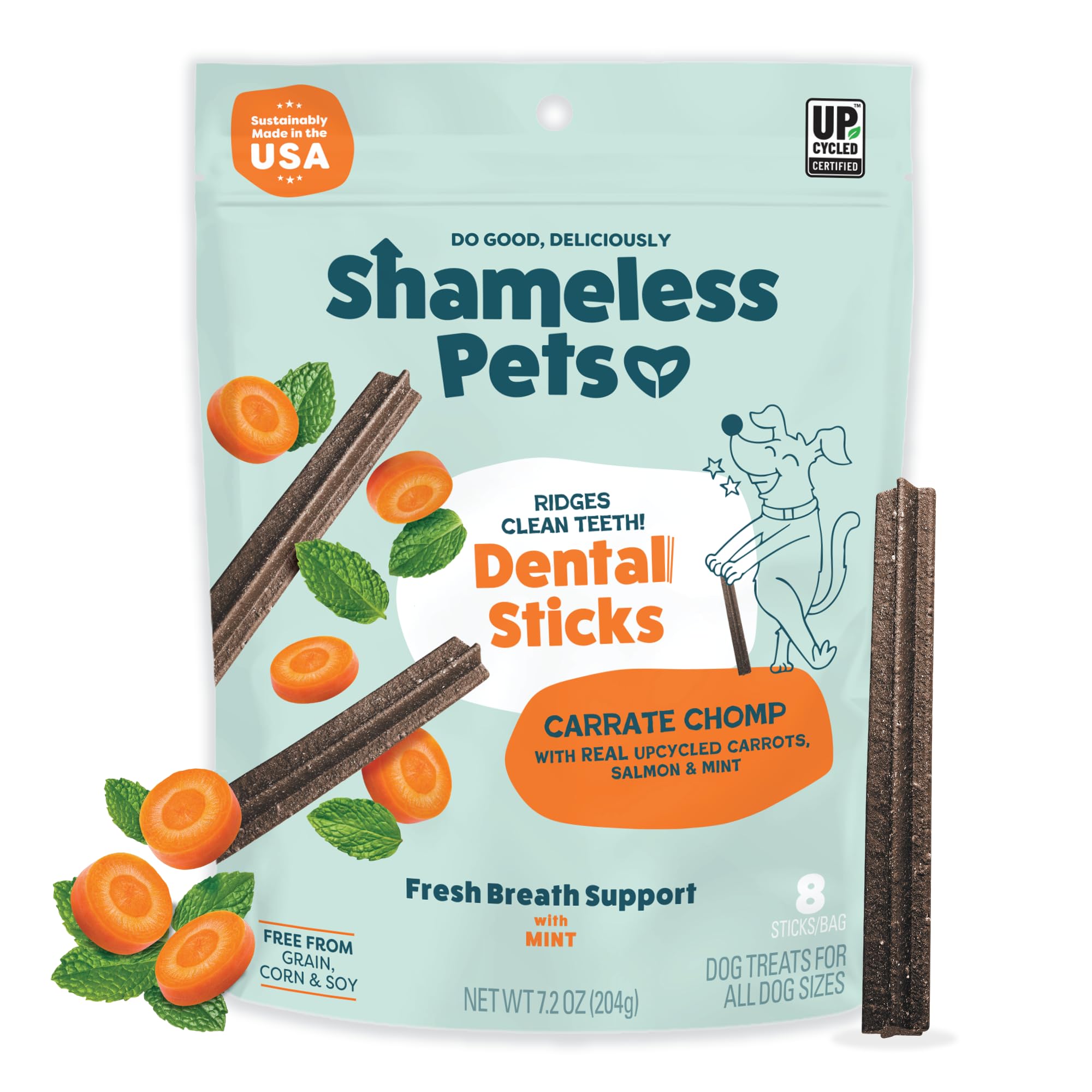 Shameless Pets Blueberry & Mint Dental Chews for Dogs, 8 Chews - Natural Dog Teeth Cleaning Treats with Fresh Breath Benefits | Grain-Free Dental Sticks for Small, Medium & Large Dogs