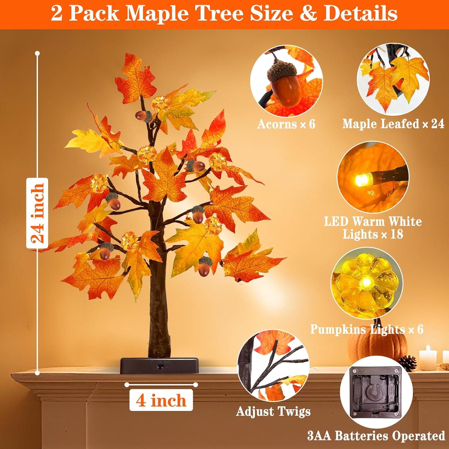 Fall Decor -2 Pack 24 Inch Prelit Fall Lighted Maple Tree 48 LED Timer Table Lights, Acorn Pumpkin Lights Battery Operated for Wedding Party Autumn Fall Decorations for Home Harvest Indoor Outdoor