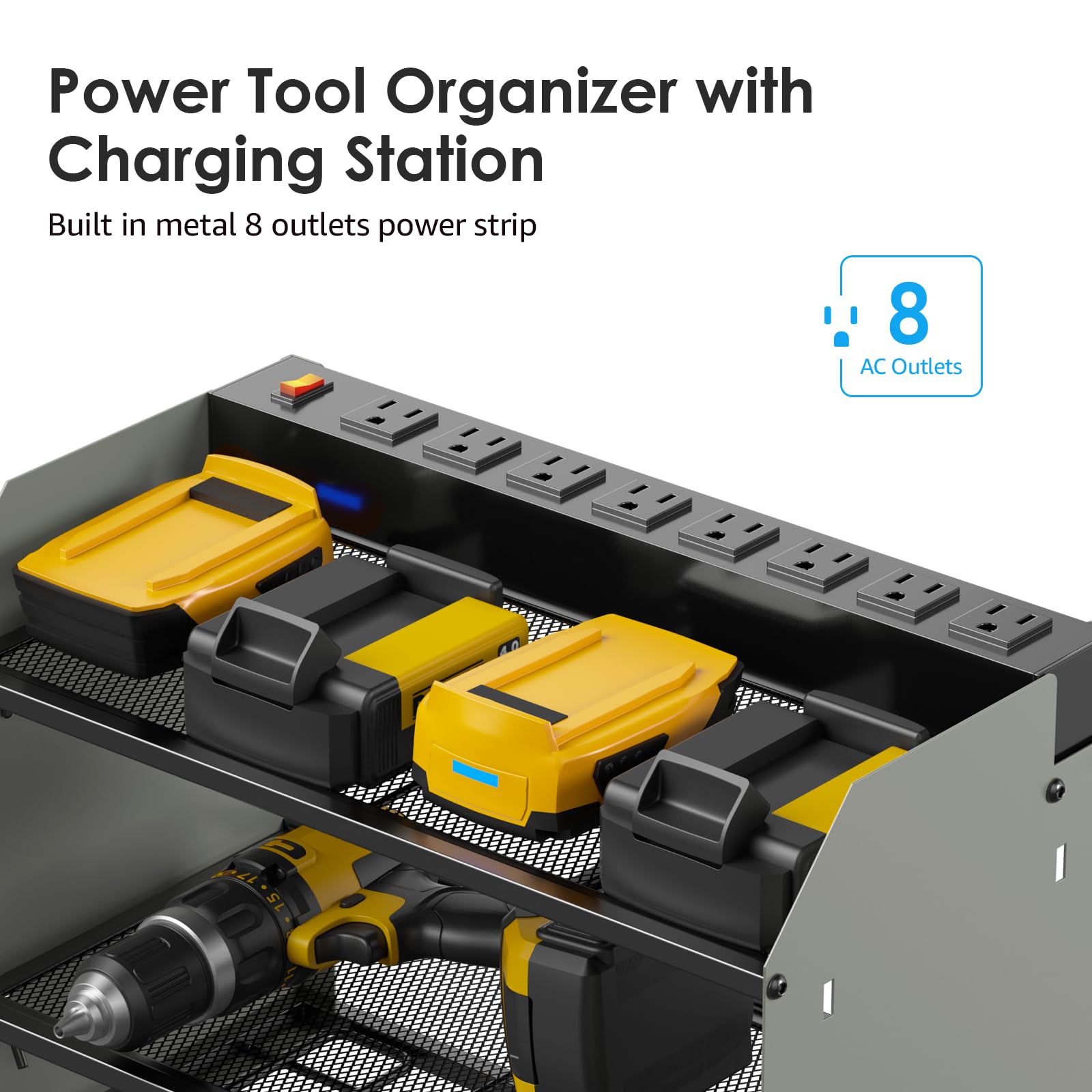 CCCEI Modular Power Tool Organizer Wall Mount with Charging Station. Garage Drill Storage Shelf with Hooks, Heavy Duty Rack, Tool Battery Holder Built in 8 Outlet. Gift for Men. Red, 1 Pack.
