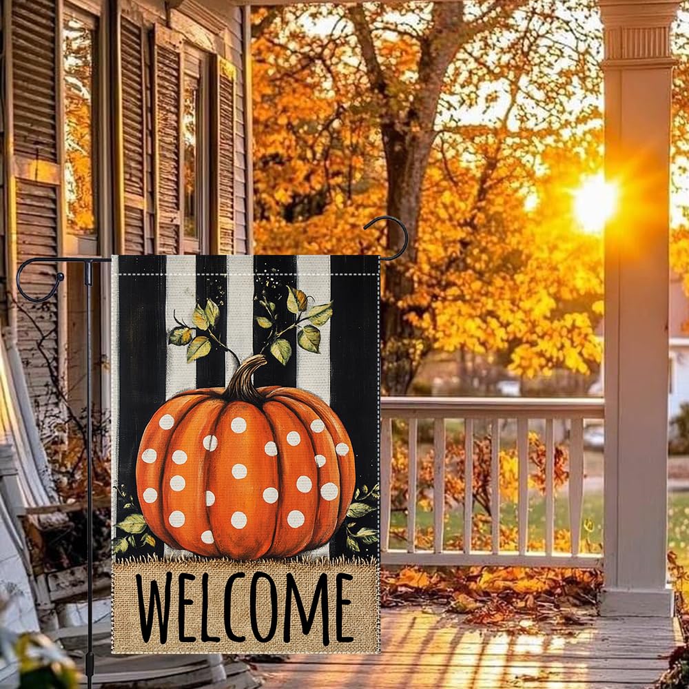 Fall Garden Flag For Outdoor Decor Thanksgiving Garden Flags Autumn Stained Glass Pumpkin Maple Leaf Double Sided Small Burlap Outside Porch Lawn Yard Flags Decorations 12.5x18 Inch