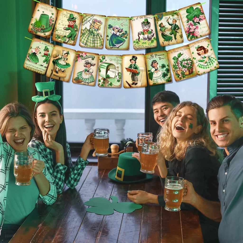 ssailue decor St. Patrick's Day Decorations - 15pcs Lucky Shamrock Banner, Green Cartoon Irish Party Supplies for Indoor/Outdoor Use, 5" x 7"