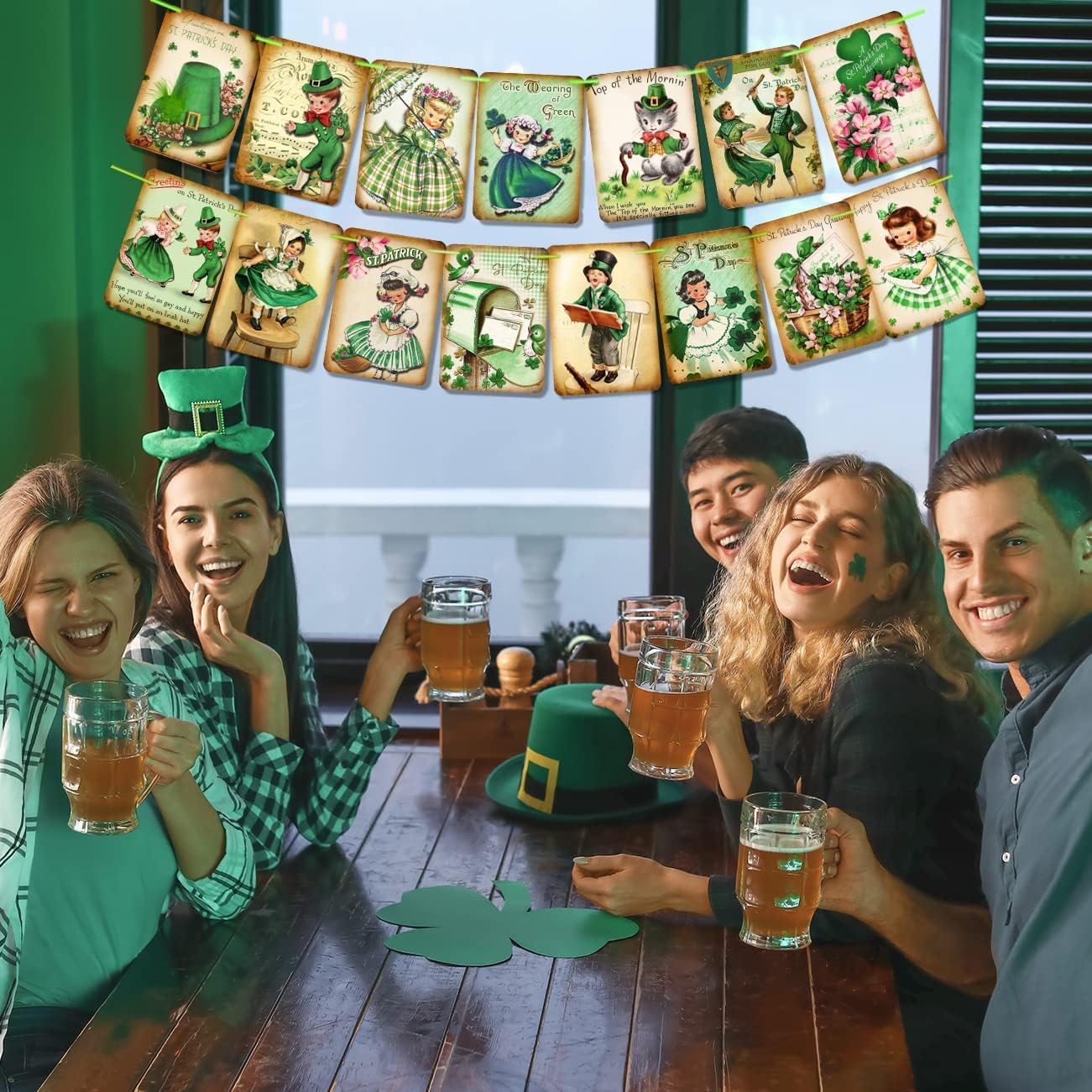 ssailue decor St. Patrick's Day Decorations - 15pcs Lucky Shamrock Banner, Green Cartoon Irish Party Supplies for Indoor/Outdoor Use, 5" x 7"