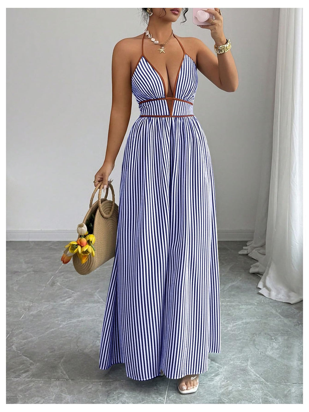 Floerns Women's Striped Halter Maxi Dress Backless Smocked Beach Vacation Boho Dress