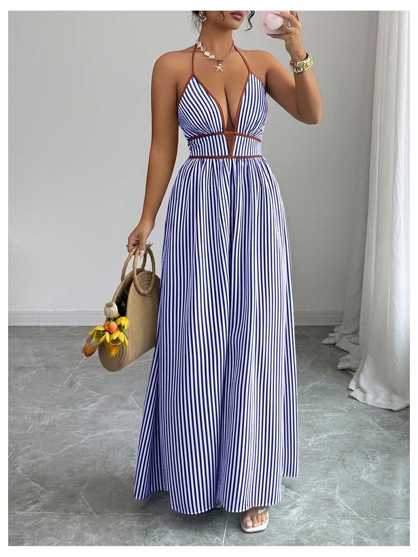 Floerns Women's Striped Halter Maxi Dress Backless Smocked Beach Vacation Boho Dress