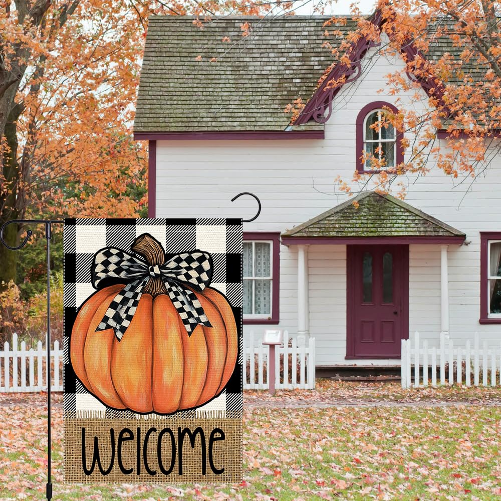 Fall Garden Flag For Outdoor Decor Thanksgiving Garden Flags Autumn Stained Glass Pumpkin Maple Leaf Double Sided Small Burlap Outside Porch Lawn Yard Flags Decorations 12.5x18 Inch