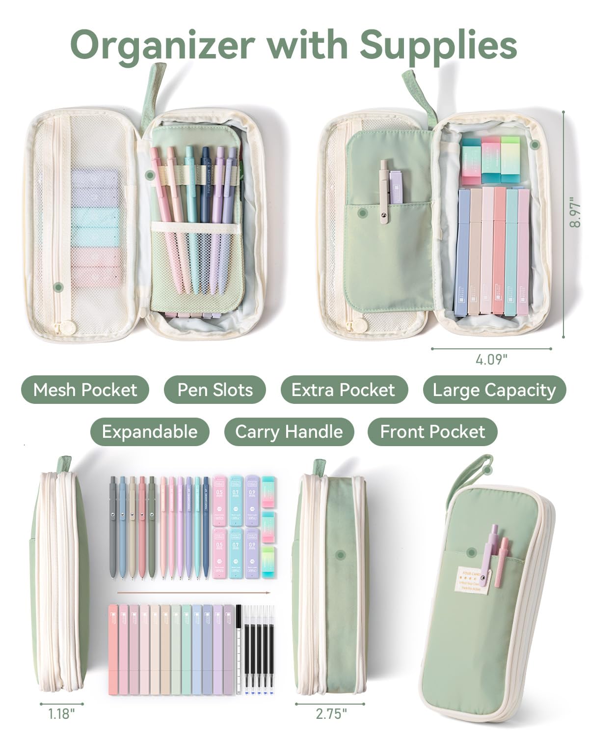 Four Candies 39 PCS Aesthetic Stationery Set with Cute Pen Case, College Supplies and Nursing Student Essentials, 12 Pastel Highlighters, 5 Black Gel Pens, 6 Mechanical Pencils, Blue