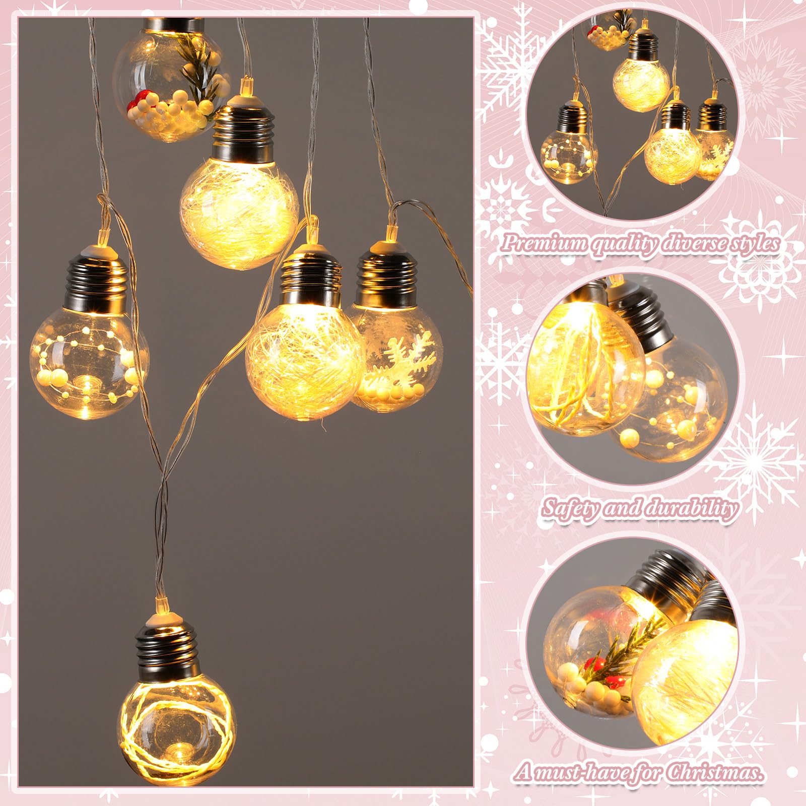Aurelema Christmas Tree Snow Globe String Lights 6.56 FT 10 LED Xmas Light Balls with 5 Christmas Figurines Constant Vintage Decor Lighting for Indoor Outdoor Xmas Party Decoration(Red)