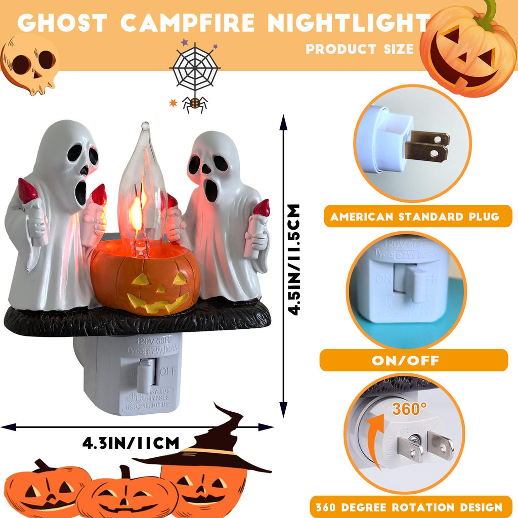 Ghost Campfire Nightlight,Halloween Campfire Flickering Night Light,3D Spooky Fire Marshmallow Night Light for Halloween Decor (Cute Ghost)
