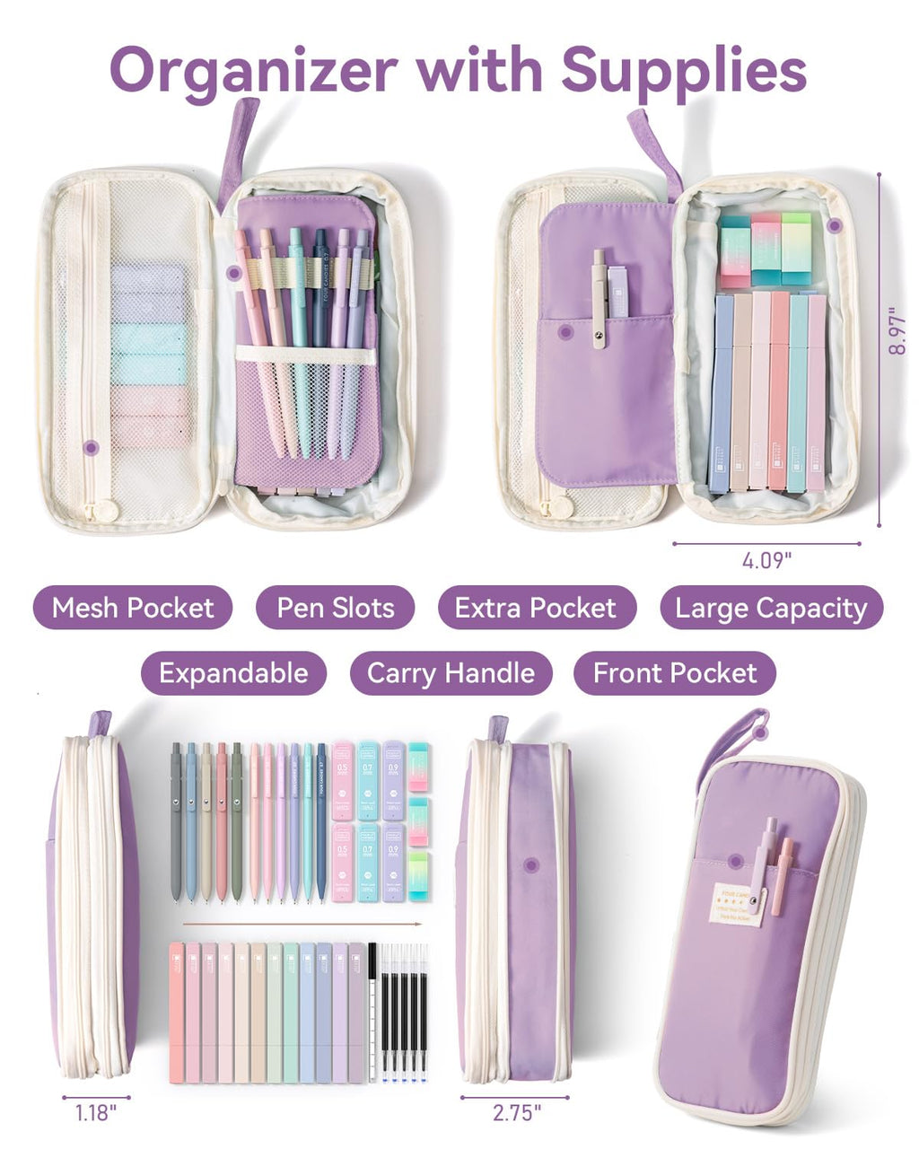 Four Candies 39 PCS Aesthetic Stationery Set with Cute Pen Case, College Supplies and Nursing Student Essentials, 12 Pastel Highlighters, 5 Black Gel Pens, 6 Mechanical Pencils, Blue