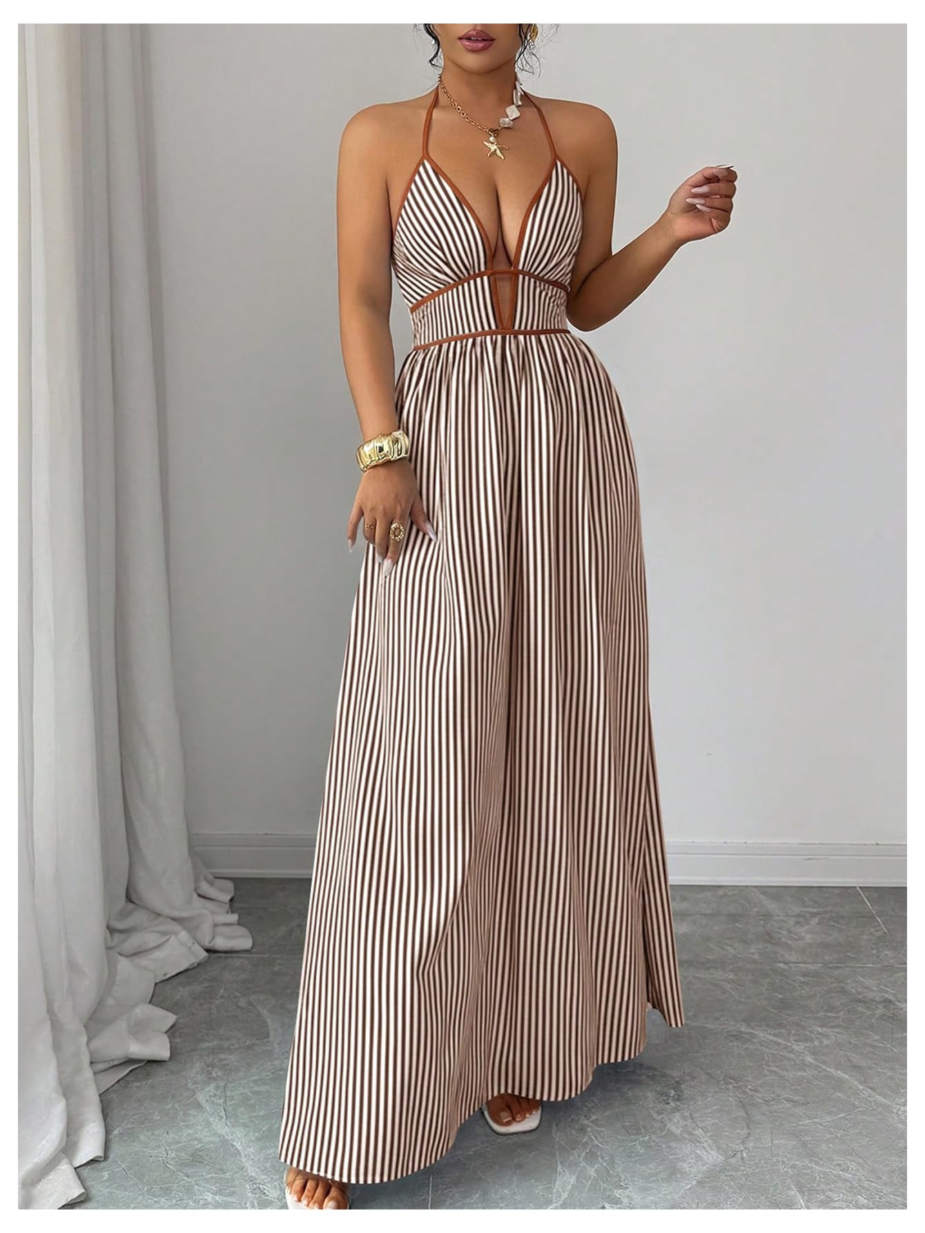 Floerns Women's Striped Halter Maxi Dress Backless Smocked Beach Vacation Boho Dress