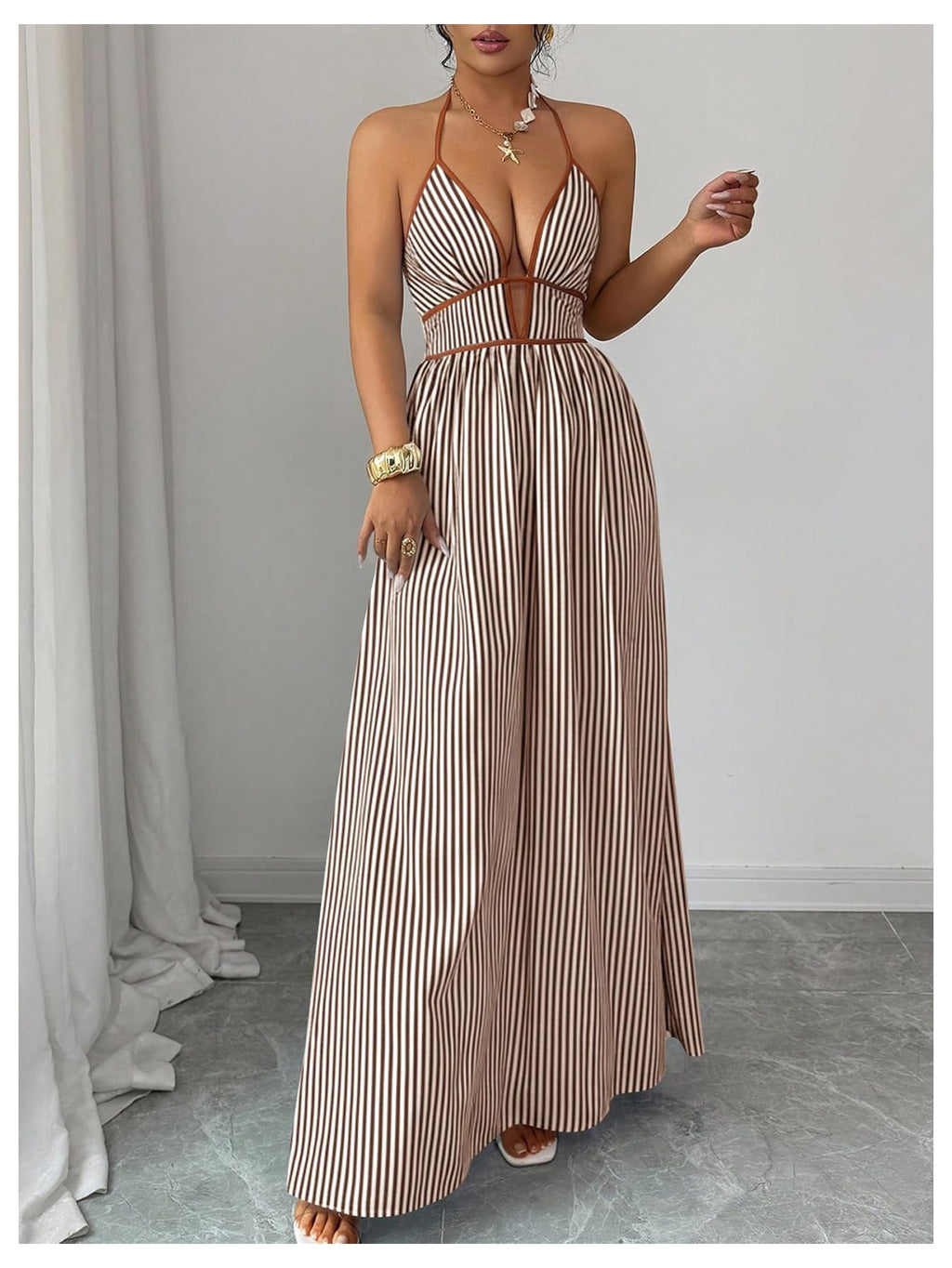 Floerns Women's Striped Halter Maxi Dress Backless Smocked Beach Vacation Boho Dress