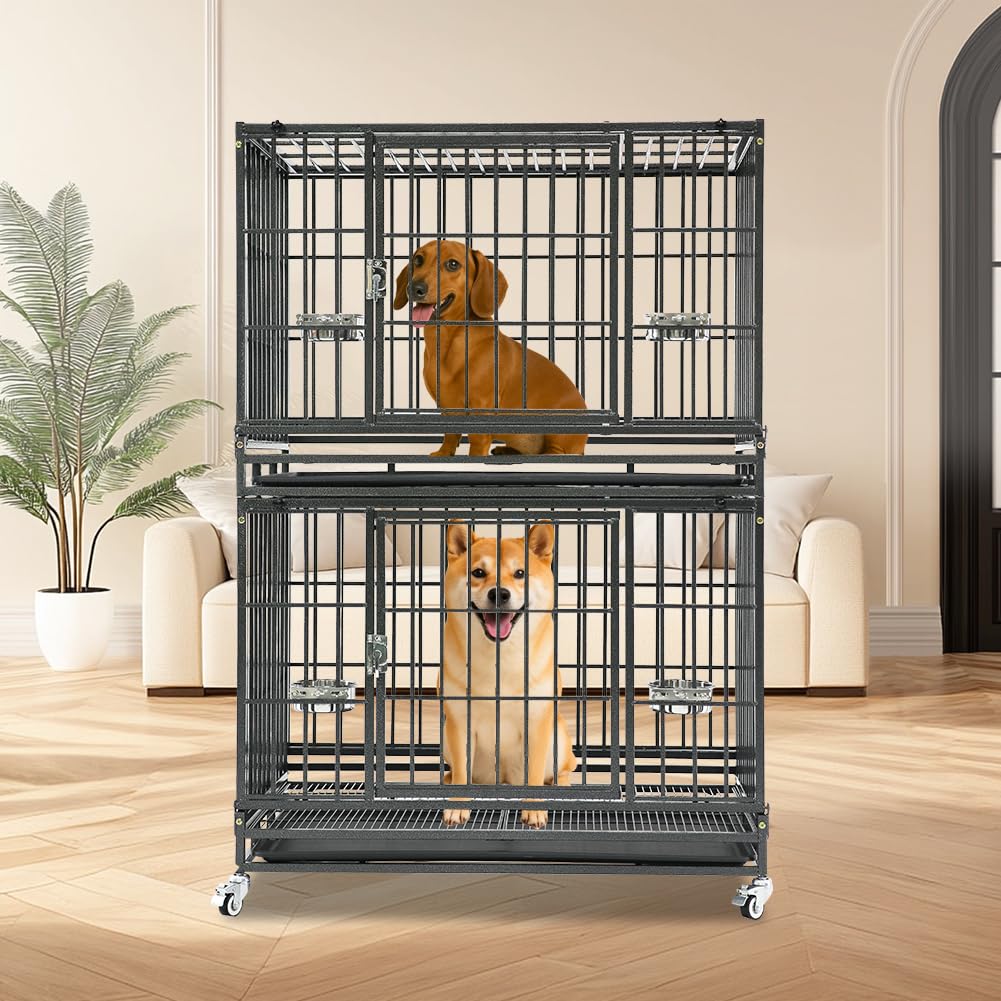 Homey Pet 37 Inch Heavy Duty Dog Crate for Medium Dogs, Stackable Dog Cage with Four Lockable Wheels, Removable Tray & Grid, Open Top, Escape Proof Dog Kennel Indoor