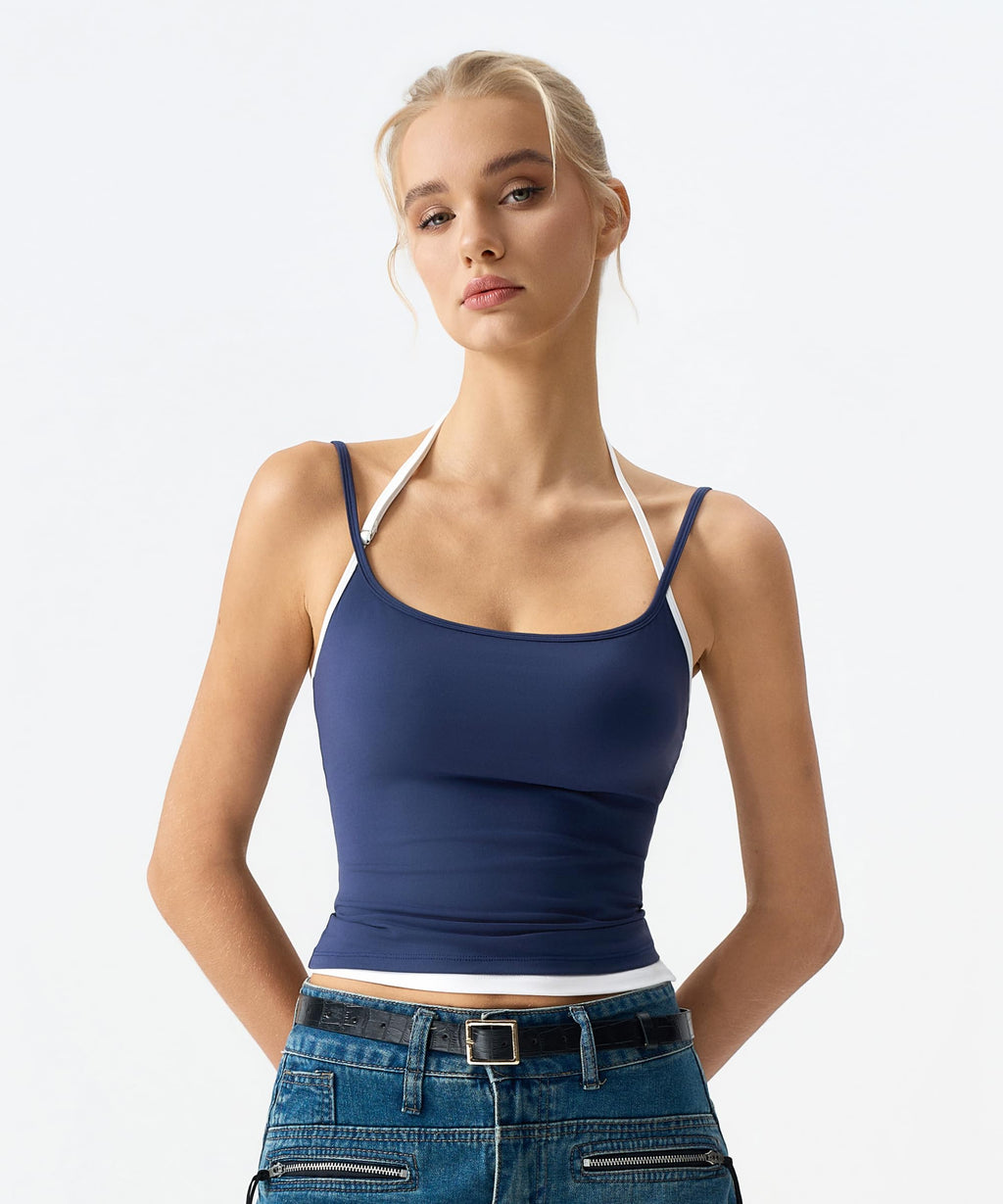 QINSEN Women's Spaghetti Strap Tank Top Slim Fitting Layered Halter Neck Sleeveless Crop Cami Shirt
