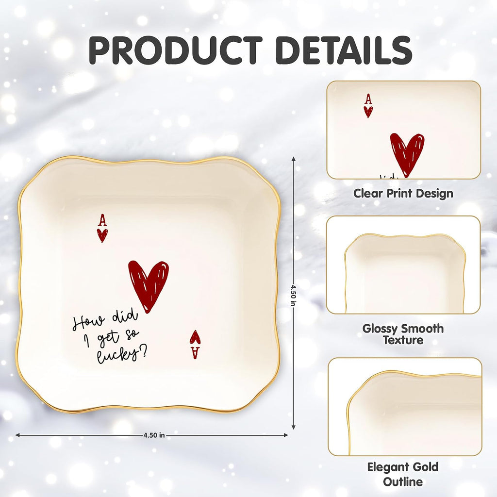 Funny Love Jewelry Dish with Heart Playing Card – “How Did I Get So Lucky?” Romantic Trinket Dish for Couples – Cute Anniversary, Valentine’s Day, Wedding Gift for Wife, Husband, Girlfriend, Boyfriend