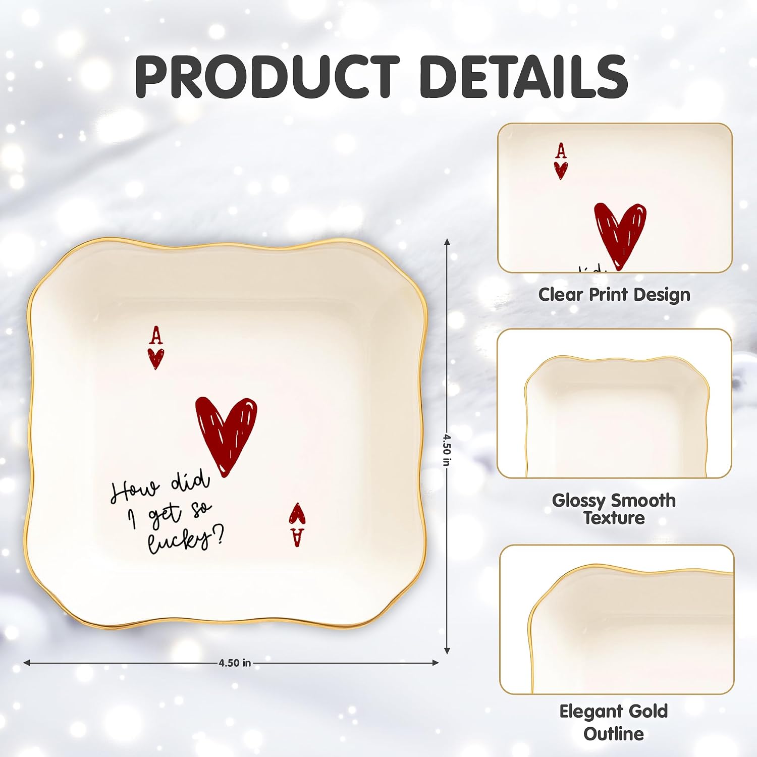 Funny Love Jewelry Dish with Heart Playing Card – “How Did I Get So Lucky?” Romantic Trinket Dish for Couples – Cute Anniversary, Valentine’s Day, Wedding Gift for Wife, Husband, Girlfriend, Boyfriend