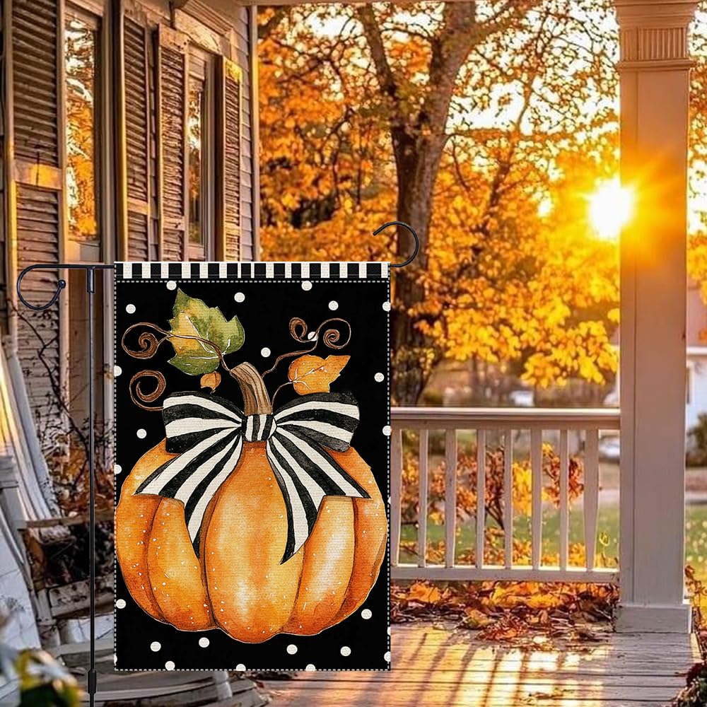 Fall Garden Flag For Outdoor Decor Thanksgiving Garden Flags Autumn Stained Glass Pumpkin Maple Leaf Double Sided Small Burlap Outside Porch Lawn Yard Flags Decorations 12.5x18 Inch