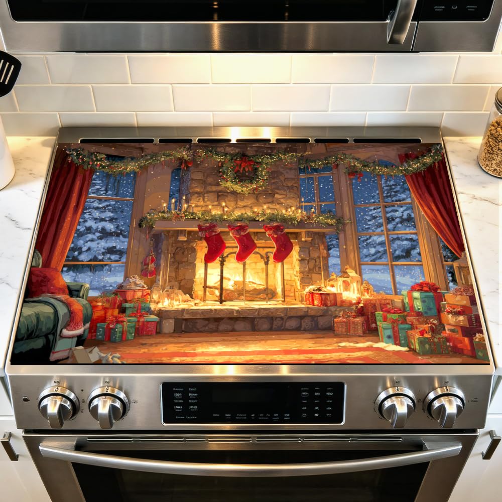 Stove Mat 28.35 x 20.47 Inch Christmas Fireplace and Tree Design Cozy Living Room Holiday Scene Decorative Kitchen Countertop Cover Reusable Flexible Mat for Gas Range Electric Stove Home Winter Décor