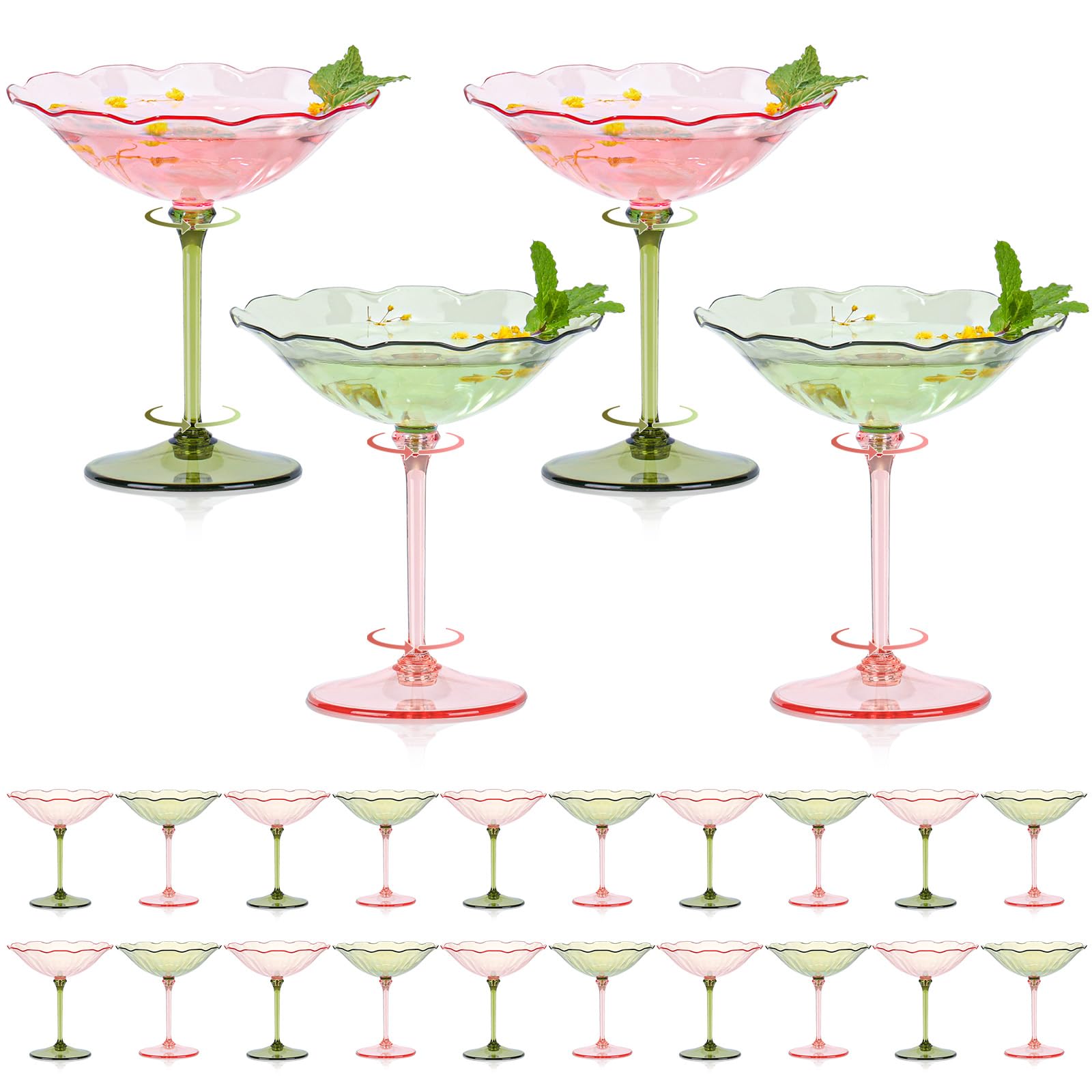 12 Pcs Colorful Plastic Martini Glasses 7oz Flower Cocktail Coupe Glasses 6 Color Disposable Martini Cup Vintage Detachable Dessert Parfait Glassware for Wedding Birthday Bachelorette Party