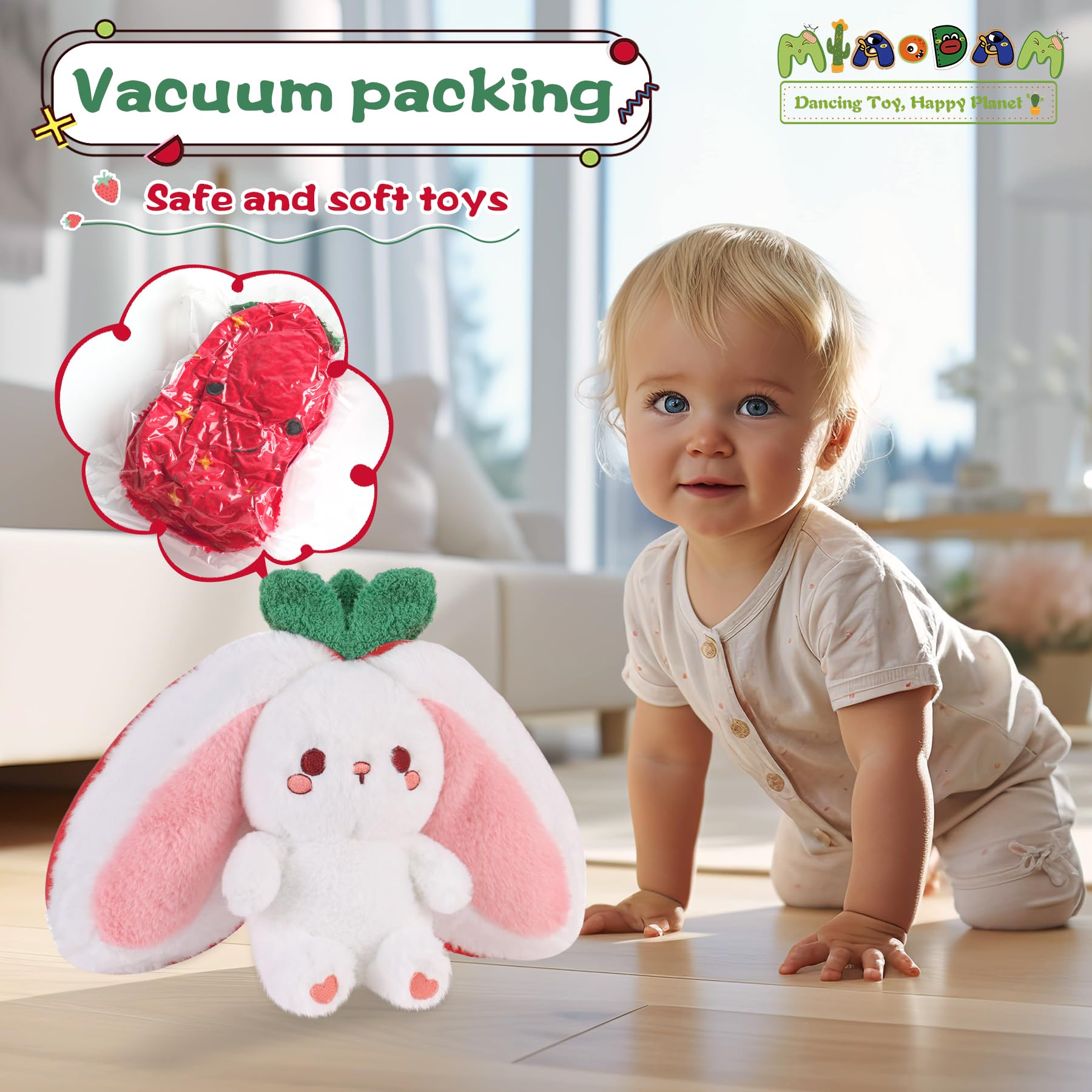 MIAODAM Bunny Stuffed Animal Reversible Cuddle Bunny Stuffed,Strawberry Bunny Transformed Rabbit Plush Zipper,Turns Into Ears Bunnies Plushies Toy Cute Stuffy Doll Easter