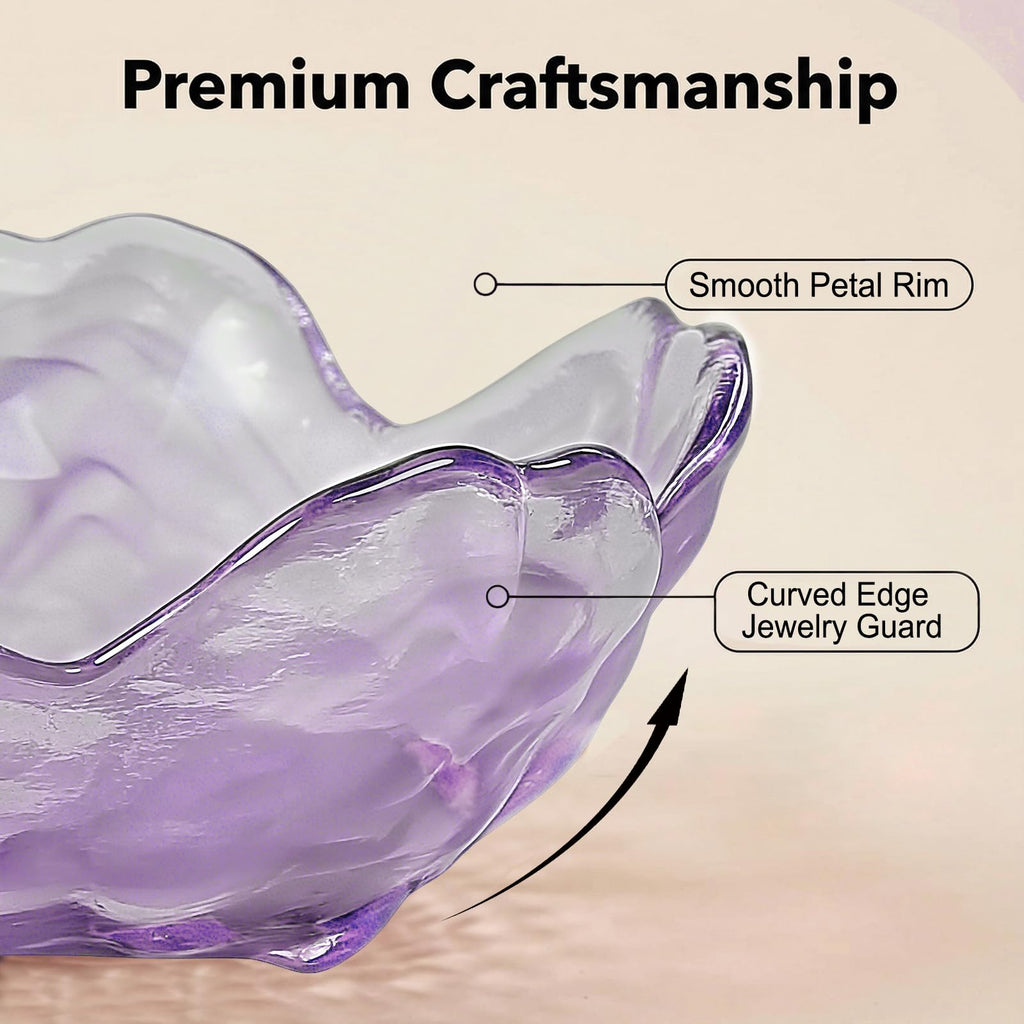 Purple Flower Jewelry Dish Glass Ring Holder Dish Jewelry Tray Cute Vanity Organizer Aesthetic Nightstand Bathroom Room Decor Trinket Dish Mothers Day Friendship Christmas Birthday Gifts for Women