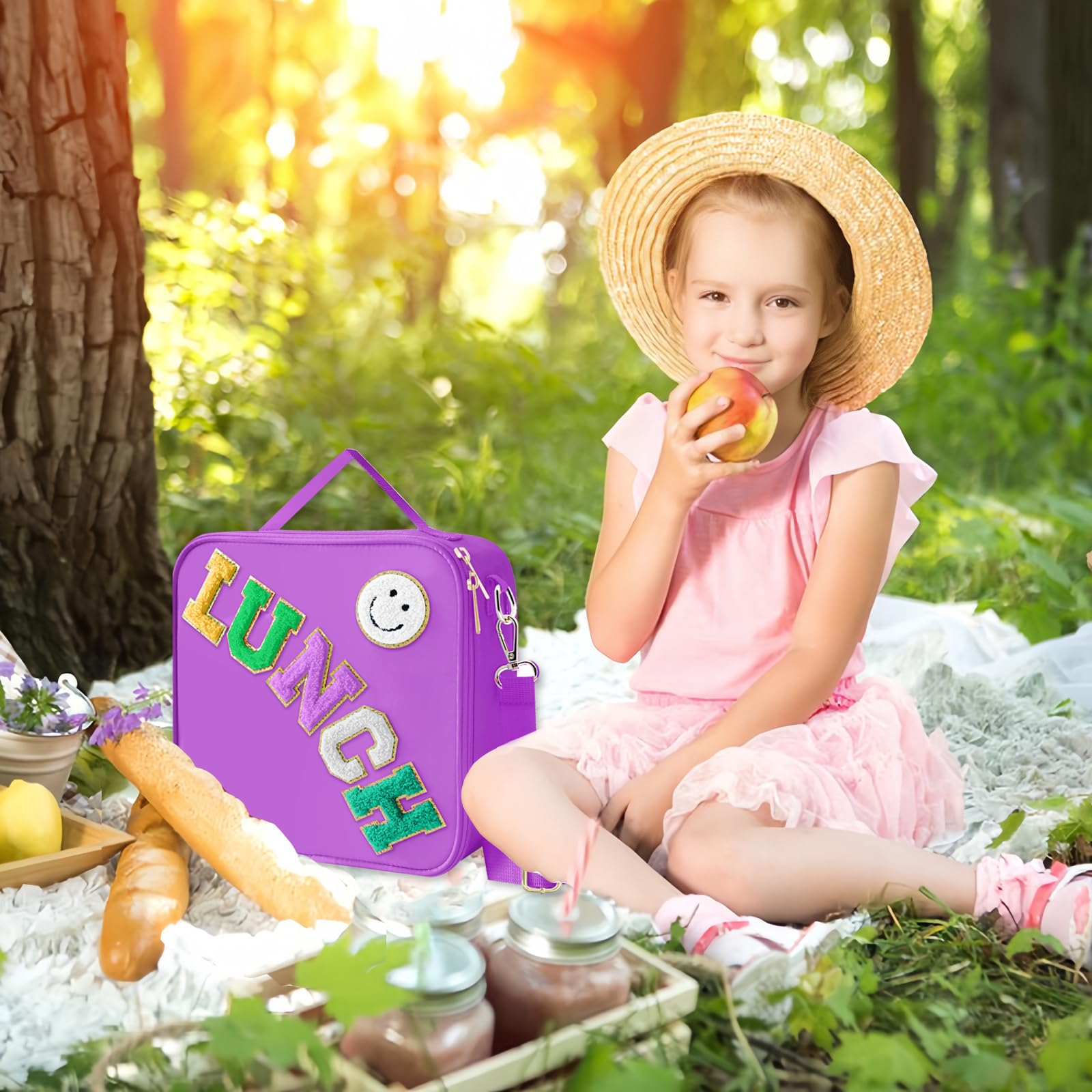 Insulated Lunch Bag With Adjustable Shoulder Strap, Nylon Preppy Lunch Box Large Insulated Lunch Bag Reusable Lunch Tote Bag with Smiley Preppy LunchBag for Girls School Travel Picnic (Purple)