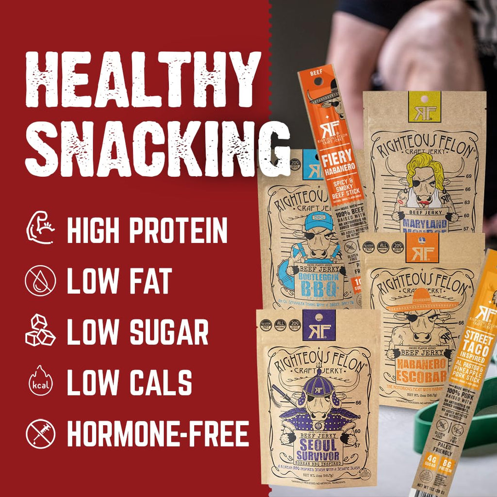 Righteous Felon Beef Jerky & Meat Sticks Variety Pack - Father's Day Jerky Sampler for Dad - Gluten Free Beef Jerky Snack Packs - High Protein, Keto, Low Sugar - Gifts for Men - 11 Pack Sampler