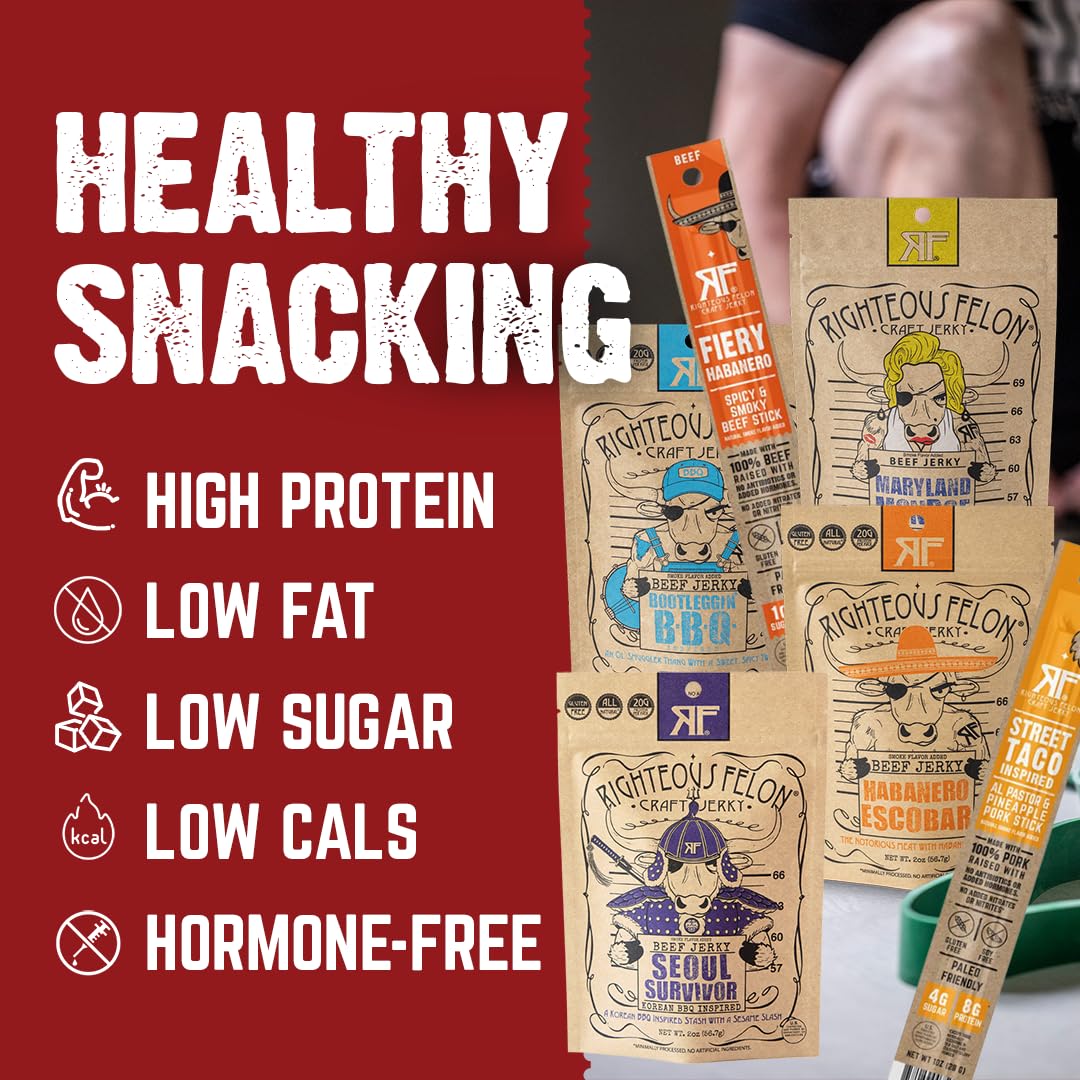 Righteous Felon Beef Jerky & Meat Sticks Variety Pack - Father's Day Jerky Sampler for Dad - Gluten Free Beef Jerky Snack Packs - High Protein, Keto, Low Sugar - Gifts for Men - 11 Pack Sampler
