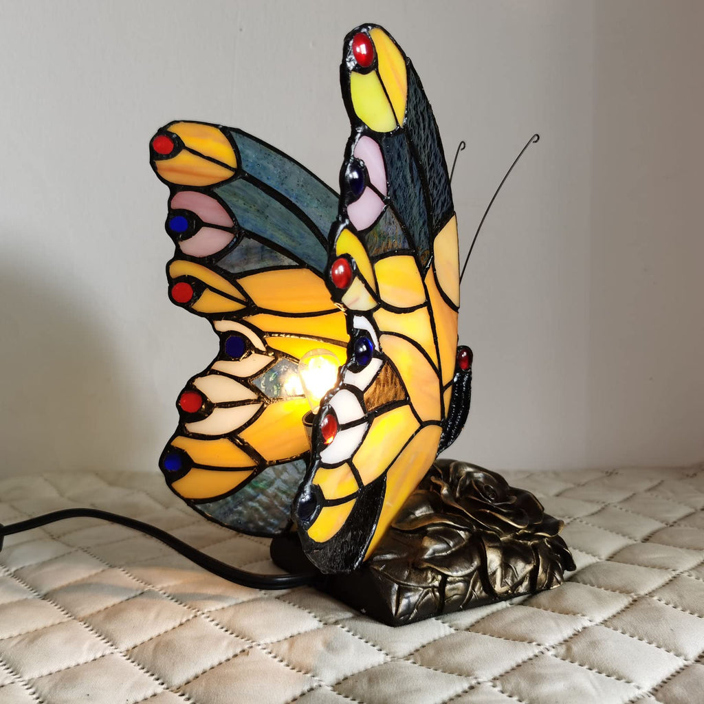 Bedside Table Lamp LED Tiffany Blue Fairy Butterfly Nightstand Table Lamps Stained Glass Shade ON Off Switch Home Office Desk Lamp Night Light Girl Grandma Mothers Day Gifts W/Gift Box
