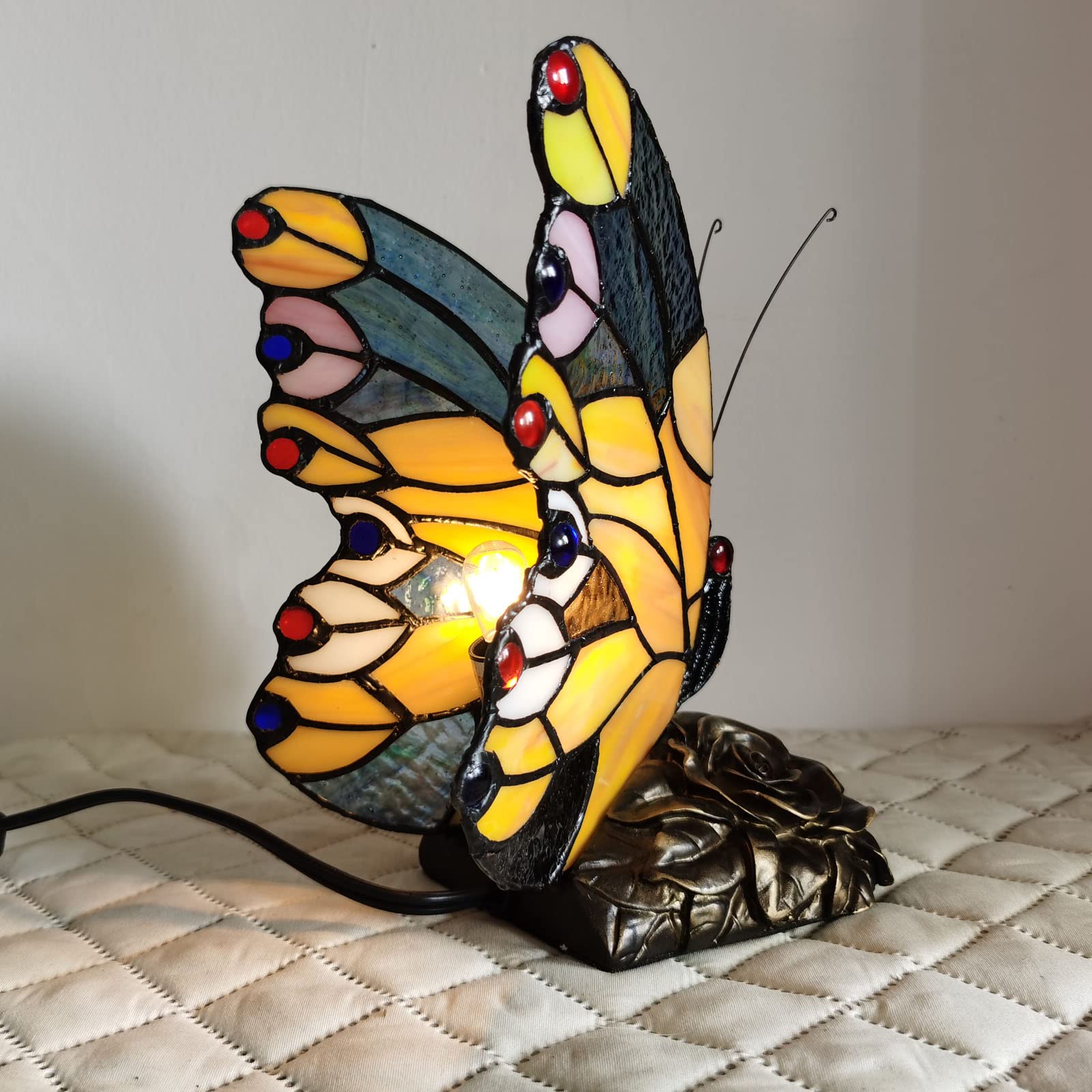 Bedside Table Lamp LED Tiffany Blue Fairy Butterfly Nightstand Table Lamps Stained Glass Shade ON Off Switch Home Office Desk Lamp Night Light Girl Grandma Mothers Day Gifts W/Gift Box