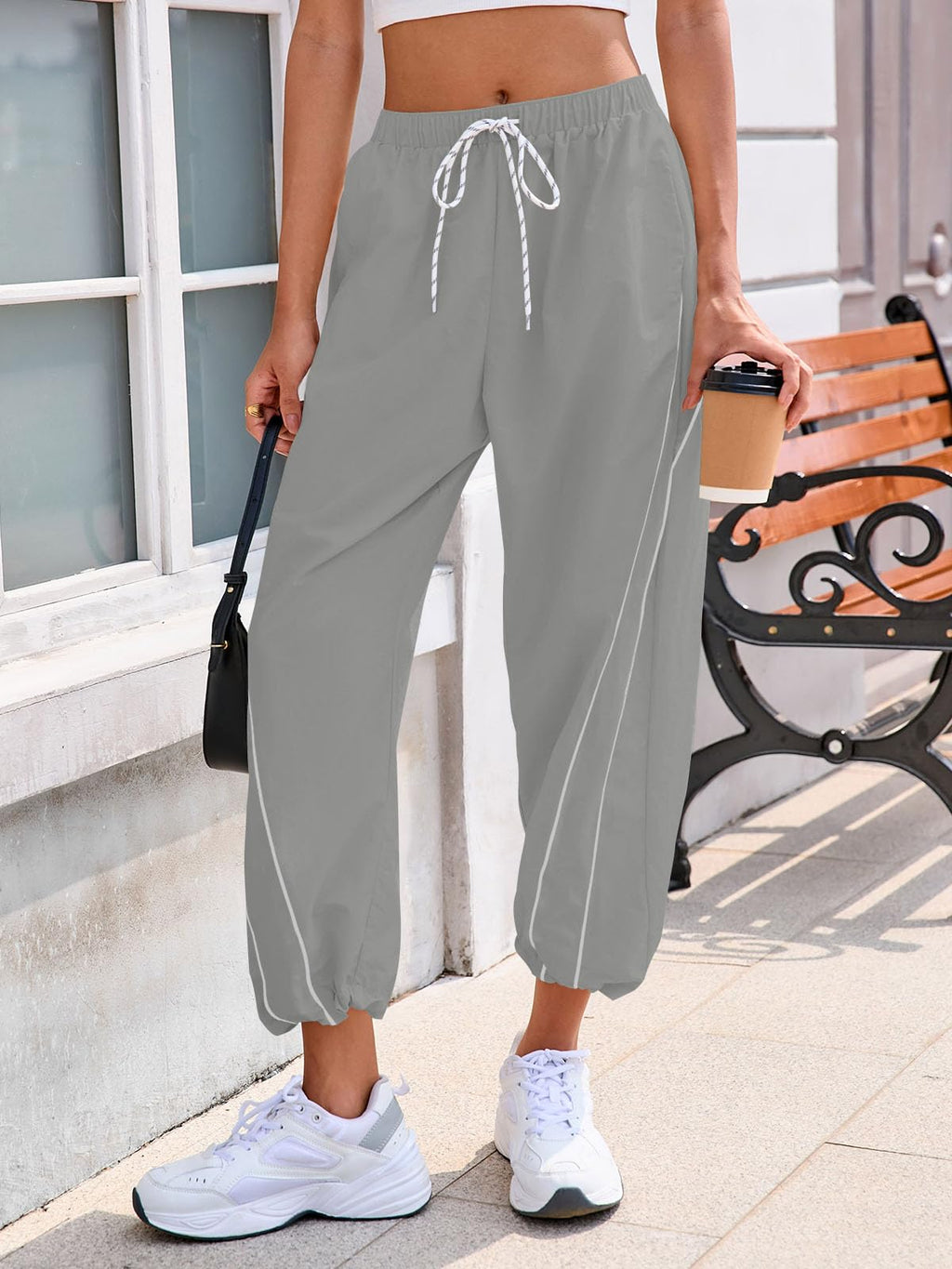 Fisoew Womens Baggy Wide Leg Pants Casual Elastic Waist Drawstring Hiking Workout Cropped Pants with Pockets
