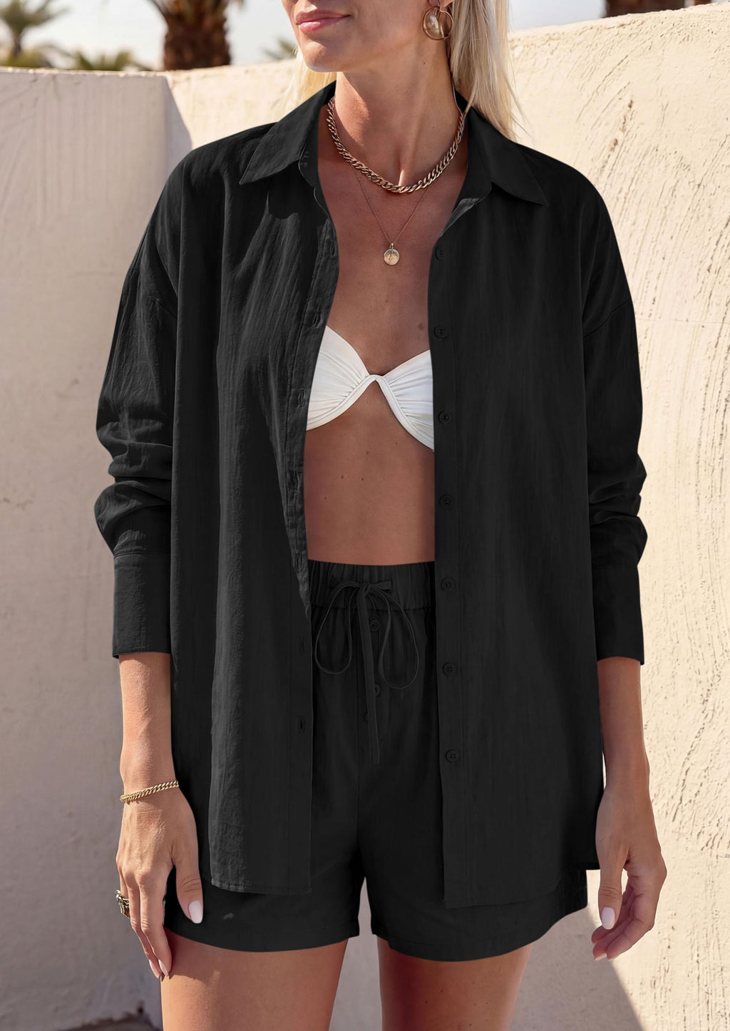 PRETTYGARDEN Women's Summer 2 Piece Matching Lounge Sets Pajamas Long Sleeve Shirts Blouse Pockets Shorts 2026 Spring Outfits