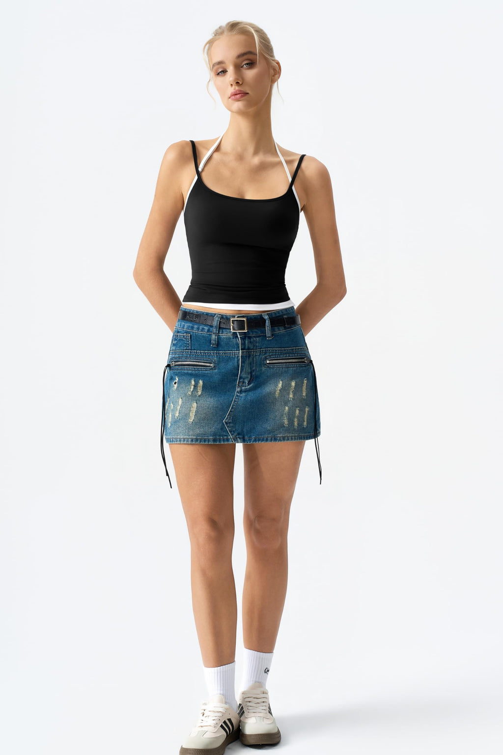 QINSEN Women's Spaghetti Strap Tank Top Slim Fitting Layered Halter Neck Sleeveless Crop Cami Shirt