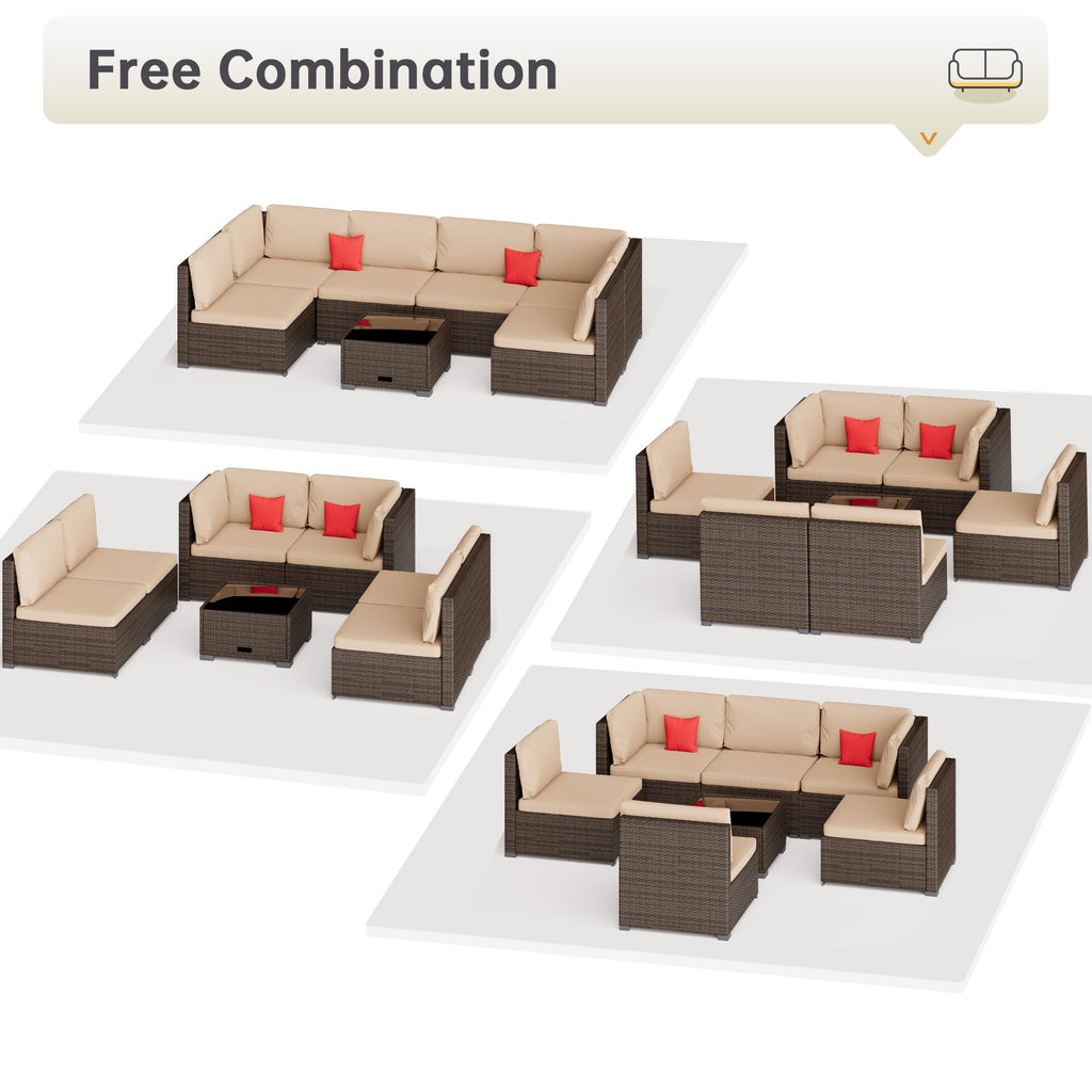 LHBcraft 7 Piece Patio Outdoor Furniture Set, Outdoor Sectional, All-Weather Manual Weaving PE Rattan Wicker Patio Sectional Sofa, Rattan Outside Furniture with Black Cushion and Glass Coffee Table