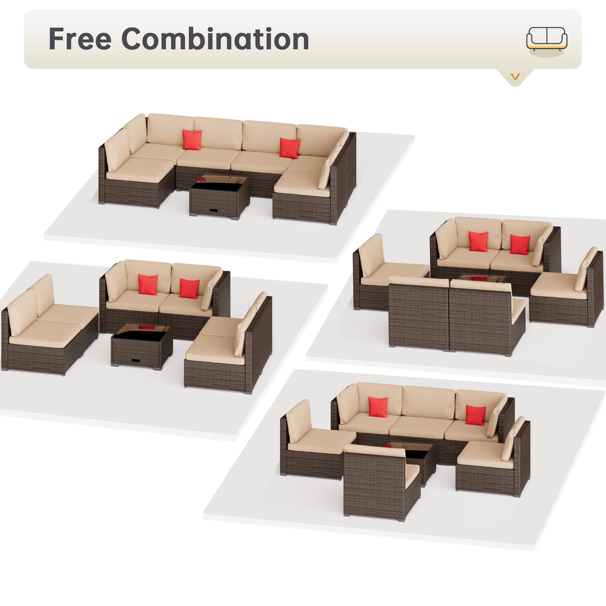 LHBcraft 7 Piece Patio Outdoor Furniture Set, Outdoor Sectional, All-Weather Manual Weaving PE Rattan Wicker Patio Sectional Sofa, Rattan Outside Furniture with Black Cushion and Glass Coffee Table