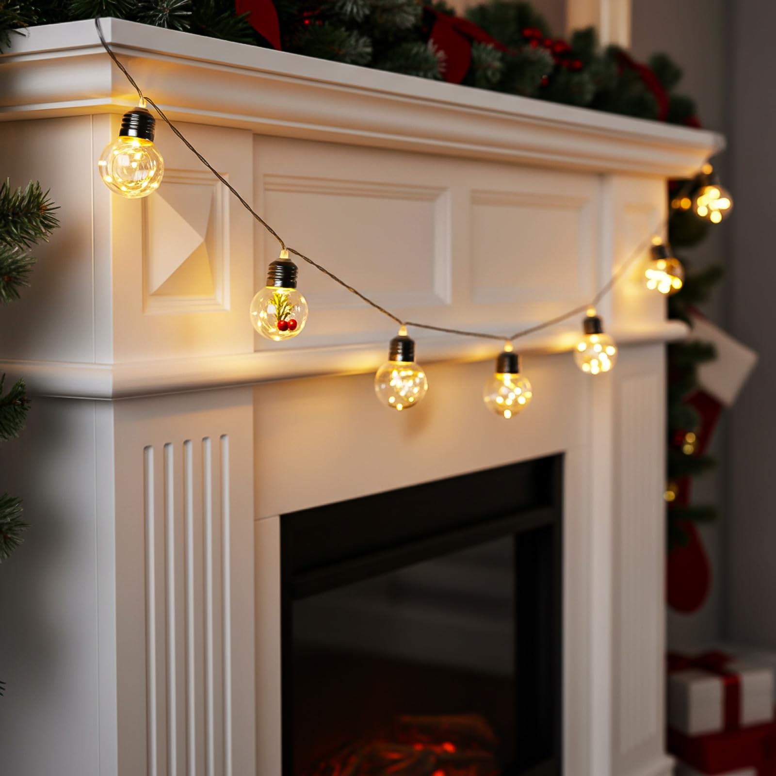 Aurelema Christmas Tree Snow Globe String Lights 6.56 FT 10 LED Xmas Light Balls with 5 Christmas Figurines Constant Vintage Decor Lighting for Indoor Outdoor Xmas Party Decoration(Red)