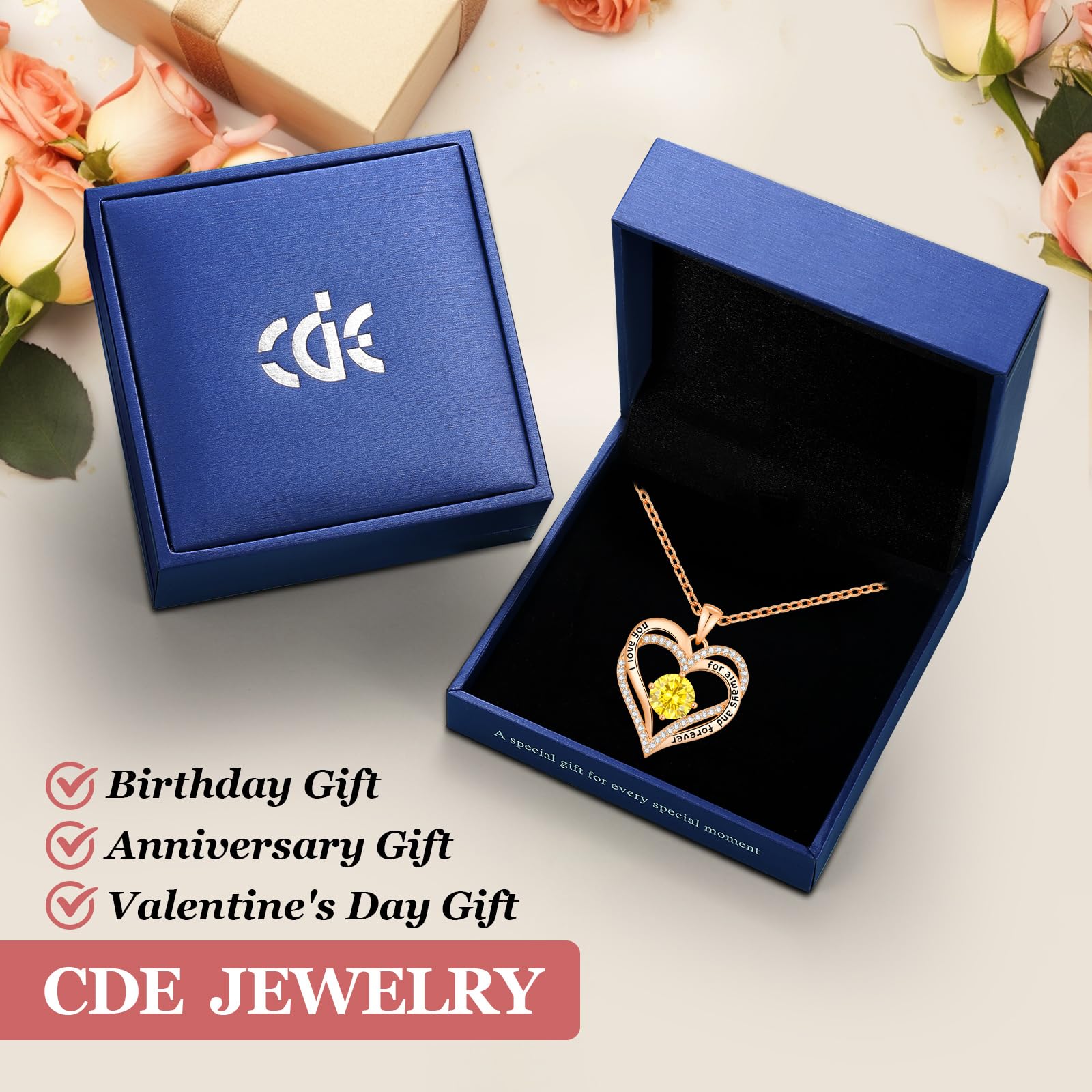 CDE Forever Love Heart Necklaces for Women, Wedding Anniversary, Valentine's，Birthday Mothers Christmas Day Gifts for Mom, Mother, Wife, S925 Silver Jewelry with Birthstone Pendant